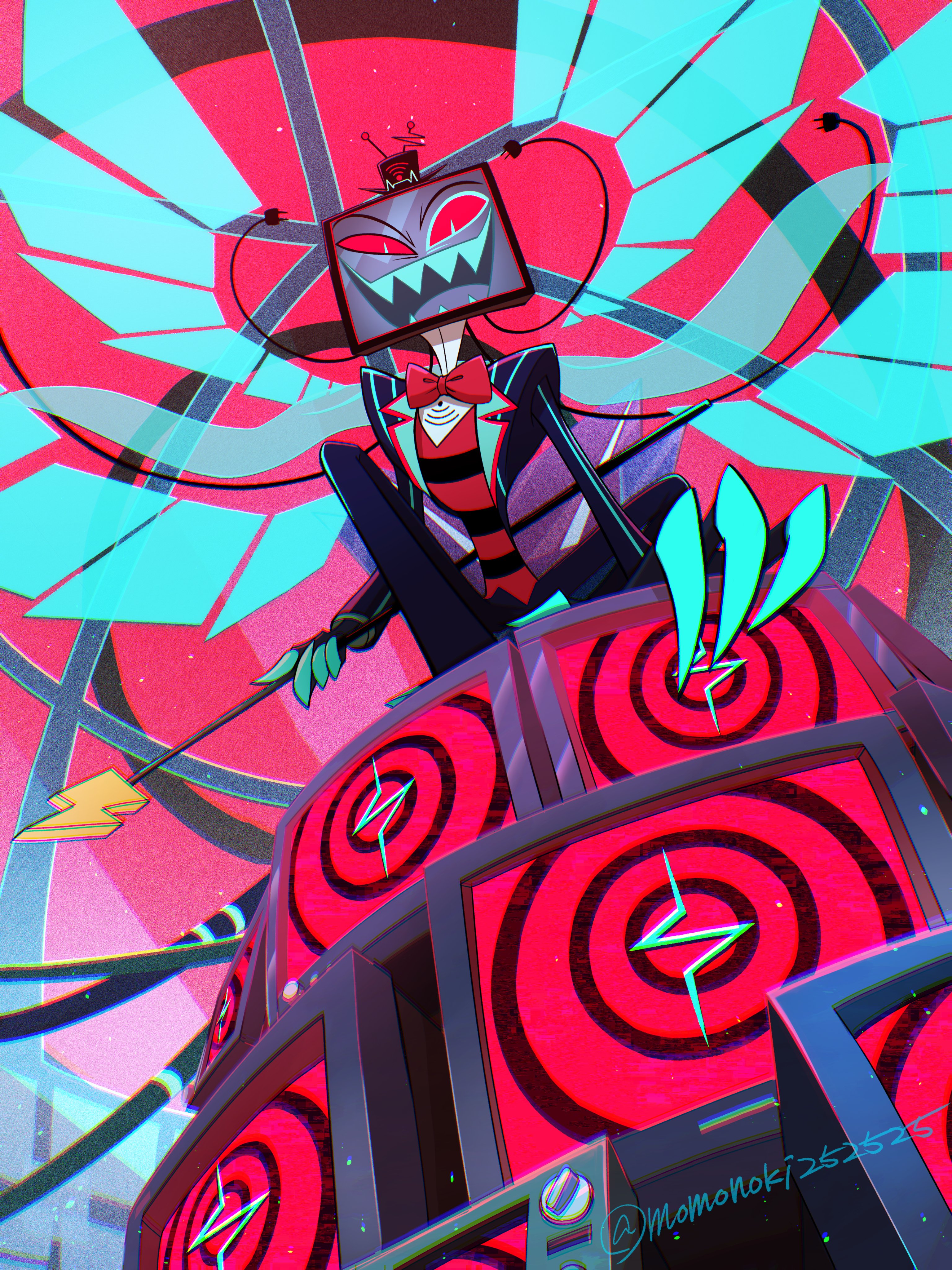 momonoki252525, vox (hazbin hotel), hazbin hotel, hellaverse, absurdres, hashtag-only commentary, highres, 1boy, black hat, black pants, blue eyes, blue teeth, bow, bowtie, cane, claws, colored sclera, colored teeth, crt, electric plug, from below, full body, hat, holding, holding cane, male focus, mini hat, object head, pants, red bow, red bowtie, red sclera, sharp teeth, smile, solo, striped clothes, striped vest, teeth, top hat, twitter username, vest, wi-fi symbol