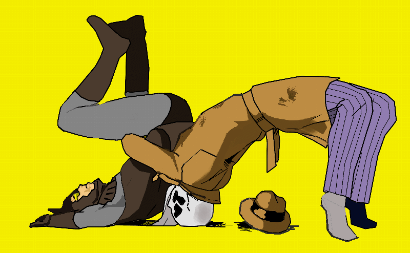 uso (stsksyc), nite owl, rorschach, dc comics, watchmen, striped, bad id, bad pixiv id, 2boys, boots, coat, color background, fedora, german suplex, gloves, hat, inkblot, jacket, male focus, mask, multiple boys, pants, pinstripe pants, pinstripe pattern, simple background, suplex, trench coat, wrestling, yellow background