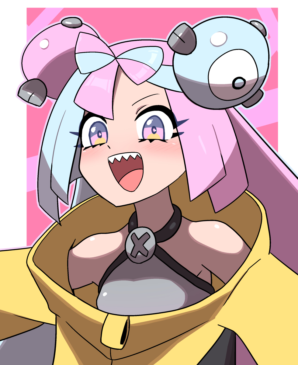 omoitsuka, iono (pokemon), nintendo, pokemon, pokemon sv, commentary request, highres, 1girl, :d, bow-shaped hair, character hair ornament, grey shirt, hair ornament, happy, jacket, long hair, multicolored hair, open mouth, pink eyes, sharp teeth, shirt, sleeveless, sleeveless shirt, smile, solo, teeth, tongue, two-tone hair, upper body, upper teeth only, yellow jacket