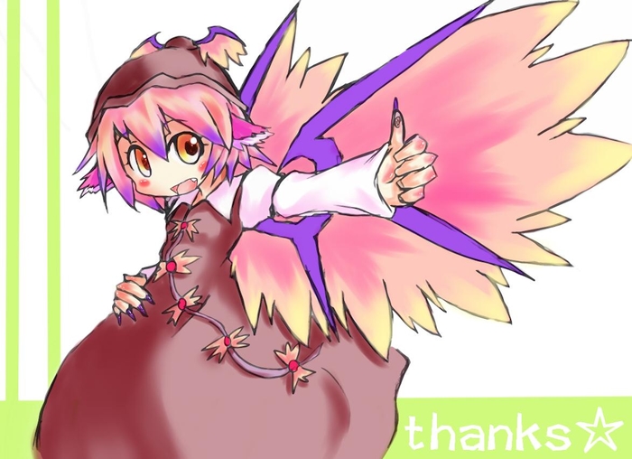 shirue, mystia lorelei, touhou, bad id, bad pixiv id, 1girl, animal ears, blush, brown eyes, fang, female focus, hat, smile, solo, standing, thumbs up, white background, wings