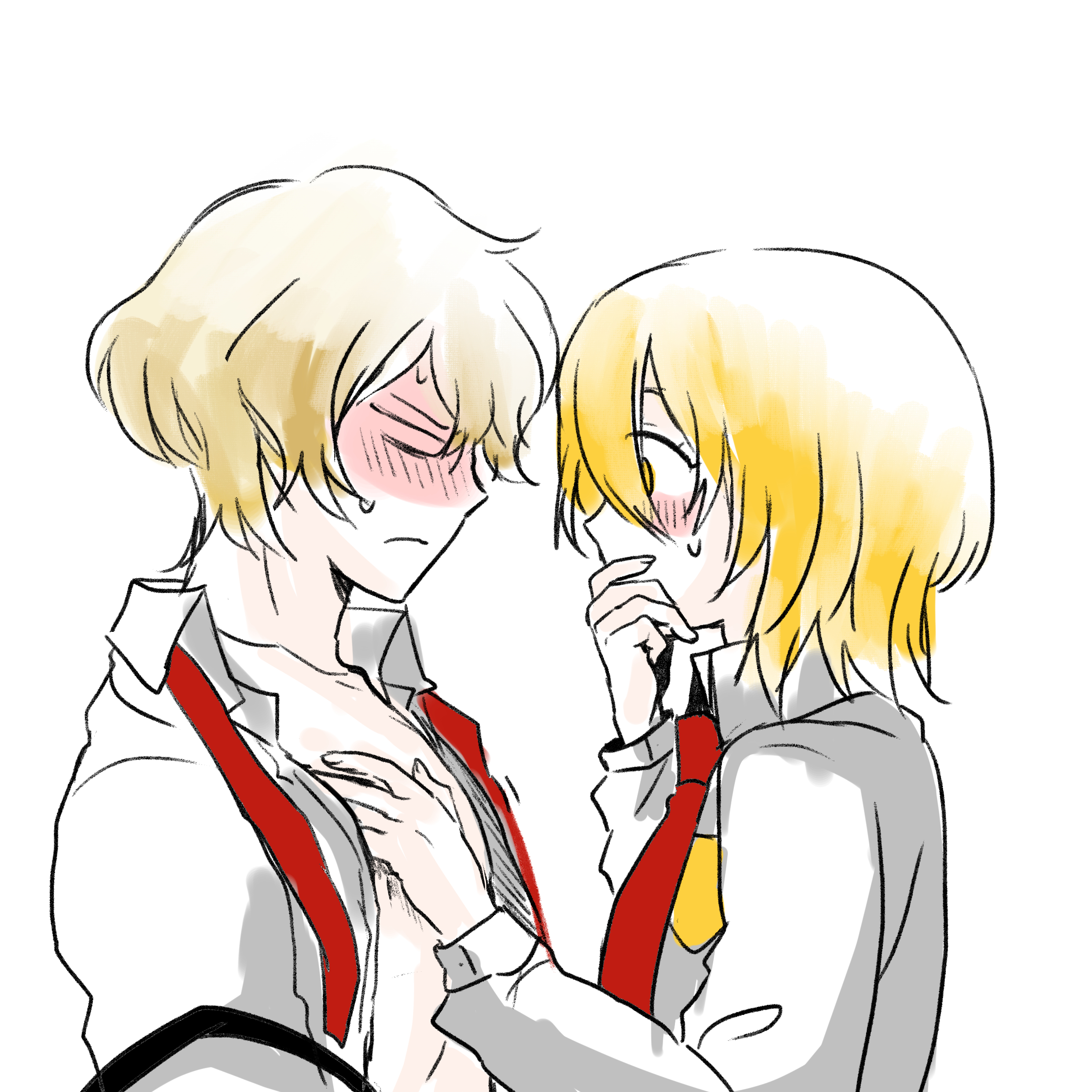nugii, don quixote (project moon), sinclair (project moon), limbus company, project moon, absurdres, commentary, highres, symbol-only commentary, 1boy, 1girl, blank eyes, blonde hair, blush, closed mouth, collarbone, collared shirt, covering own mouth, emblem, fingernails, hair between eyes, hand on another's chest, hand on own face, hands up, hetero, long sleeves, looking at another, necktie, open clothes, open shirt, puffy long sleeves, puffy sleeves, red necktie, shirt, short hair, simple background, sweat, sweatdrop, upper body, white background, white shirt, wide-eyed, yellow eyes