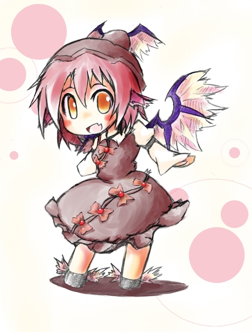 shirue, mystia lorelei, touhou, bad id, bad pixiv id, 1girl, animal ears, blush, brown eyes, fang, female focus, full body, gradient background, hat, pink hair, solo, standing, white background, wings