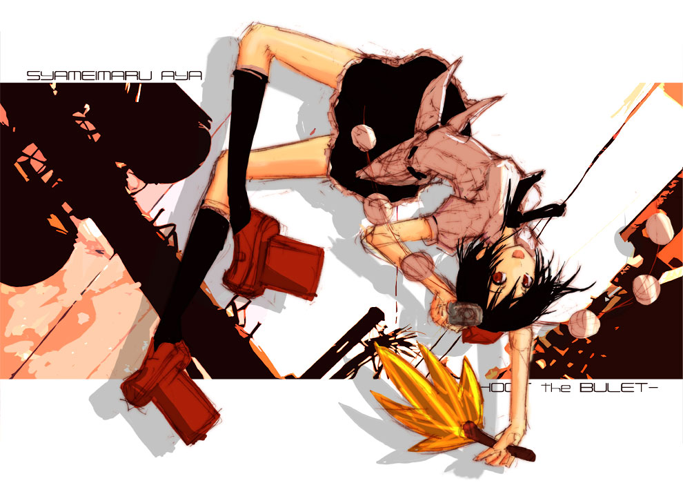 rib:y(uhki), shameimaru aya, touhou, 1girl, belt, black hair, camera, female focus, geta, hand fan, hat, kneehighs, open mouth, red eyes, ribbon, shirt, short hair, skirt, smile, socks, solo, tengu-geta, tokin hat, top-down bottom-up