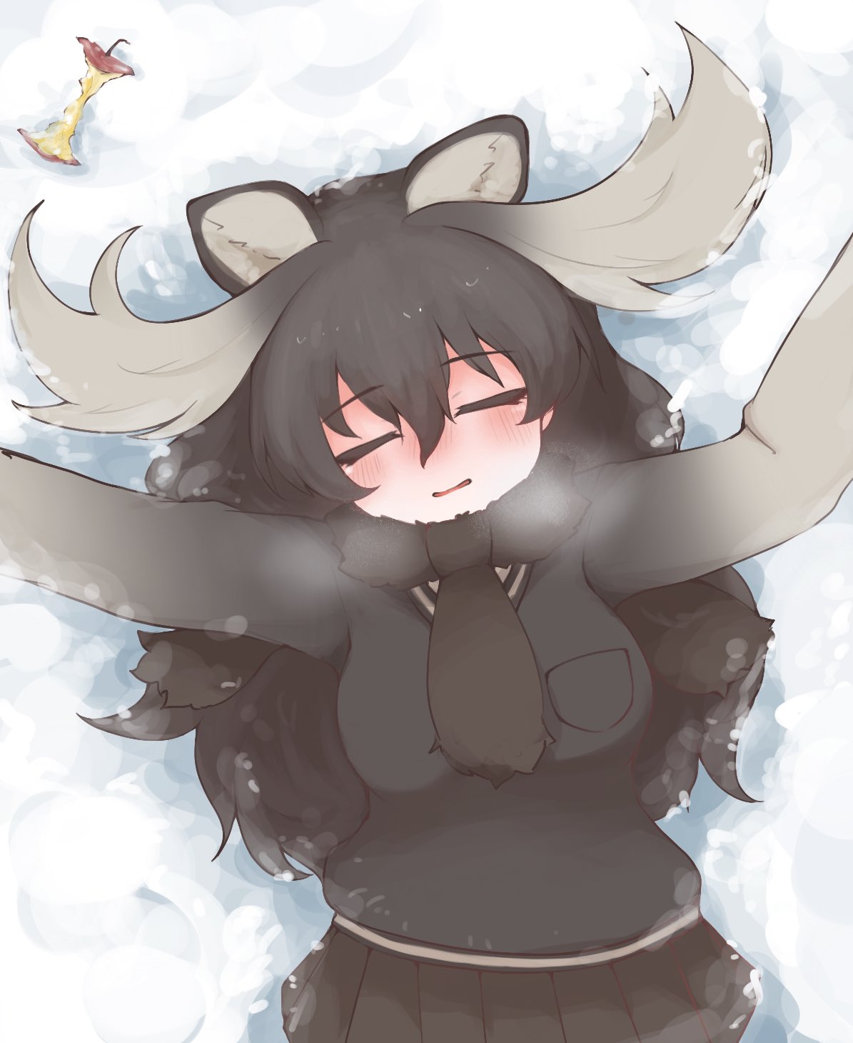 nyctereutes, moose (kemono friends), kemono friends, commission, highres, skeb commission, 1girl, animal ears, antlers, apple, apple core, blush, brown fur, brown hair, brown necktie, brown skirt, brown sweater, closed eyes, cowboy shot, extra ears, food, fruit, fur collar, gradient sweater, hair between eyes, horns, long hair, long sleeves, lying, moose antlers, moose ears, moose girl, necktie, on back, pleated skirt, puffy sleeves, sidelocks, skirt, solo, sweater, white sweater