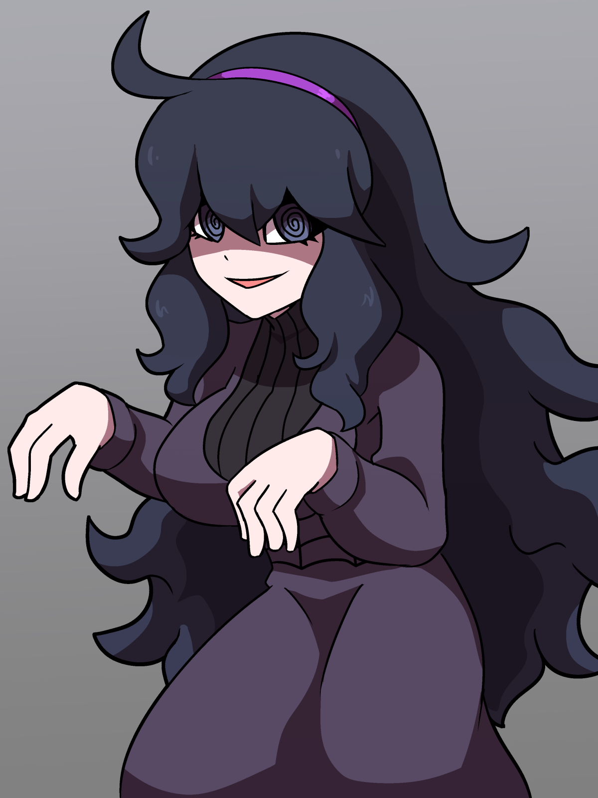 omoitsuka, hex maniac (pokemon), nintendo, pokemon, pokemon xy, commentary request, highres, 1girl, @ @, alternate breast size (larger), breasts, curly hair, dress, grey background, grey eyes, hair between eyes, hairband, hands up, large breasts, long sleeves, looking at viewer, open mouth, purple hairband, smile, solo