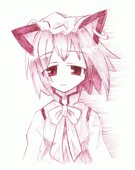 skyle (pixiv16230), chen, touhou, 1girl, animal ears, cat ears, cat girl, earrings, female focus, hat, jewelry, monochrome, pink theme, ribbon, solo