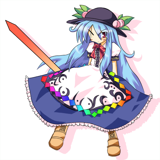 skyle (pixiv16230), hinanawi tenshi, touhou, 1girl, blue hair, female focus, food, fruit, full body, hat, long hair, peach, purple eyes, simple background, solo, sword, sword of hisou, weapon