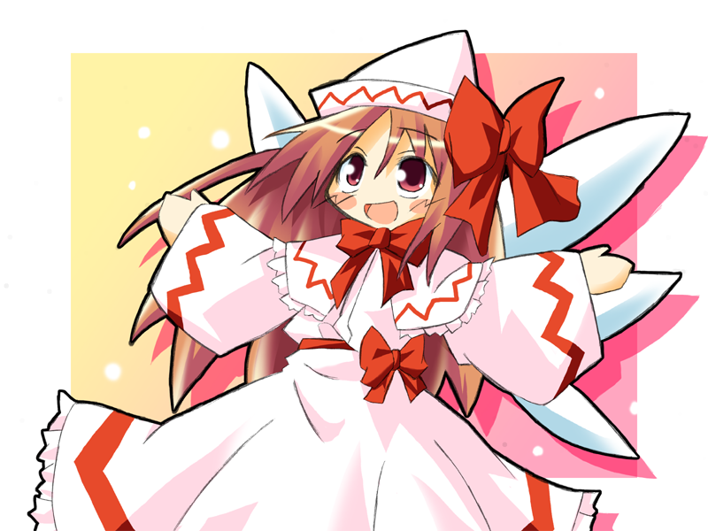 skyle (pixiv16230), lily white, touhou, 1girl, brown hair, female focus, hat, long hair, ribbon, smile, solo, standing