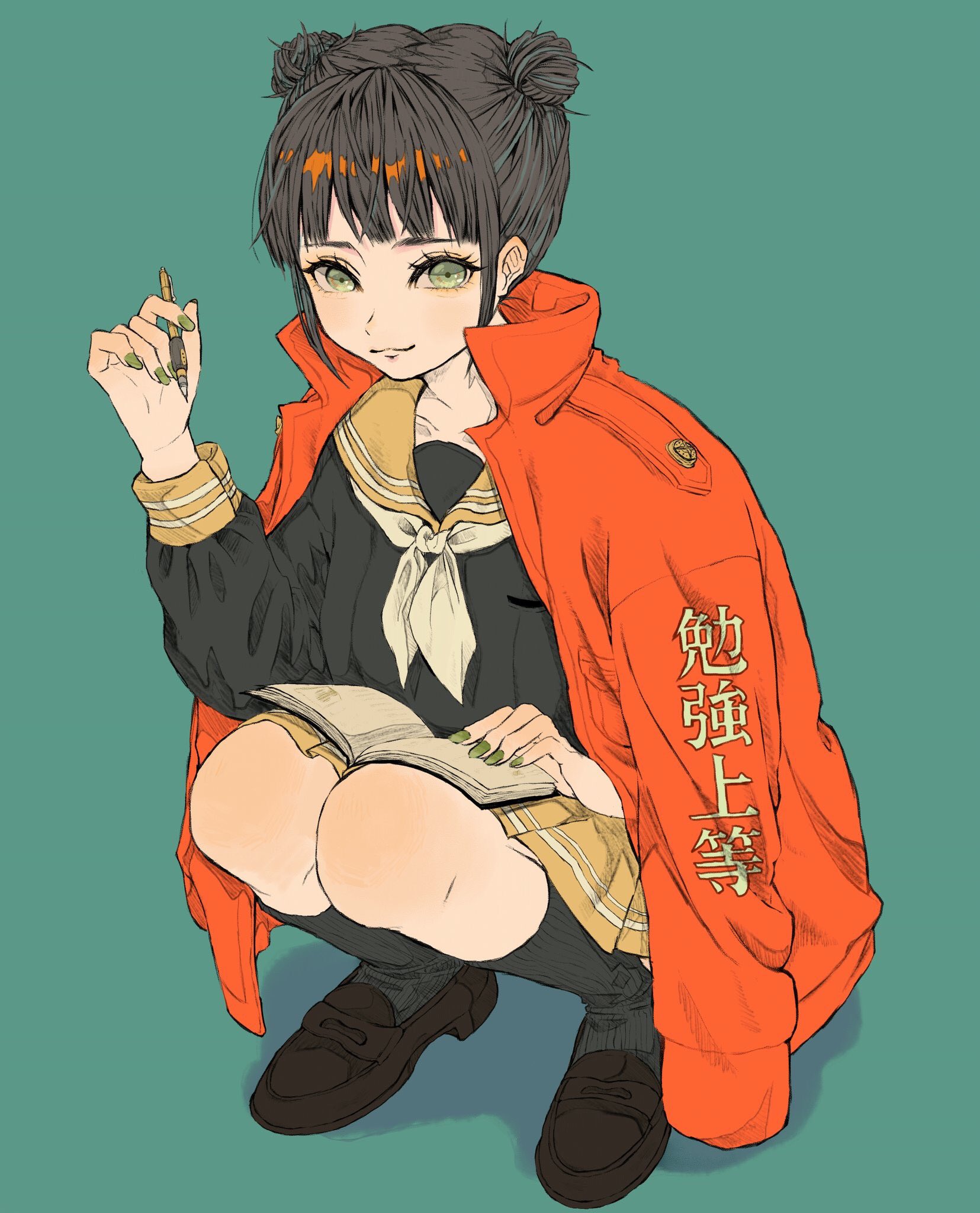 original, highres, 1girl, black hair, black shirt, black skirt, blue background, book, brown shoes, closed mouth, double bun, full body, green eyes, green nails, hair bun, holding, holding book, holding pen, jacket, loafers, looking at viewer, neckerchief, open book, orange sailor collar, orange skirt, orange wrist cuffs, pen, pleated skirt, popped collar, red jacket, rin (rinchoco91), sailor collar, shirt, shoes, short hair, sidelocks, simple background, skirt, smile, solo, squatting, sukajan, white neckerchief, wrist cuffs