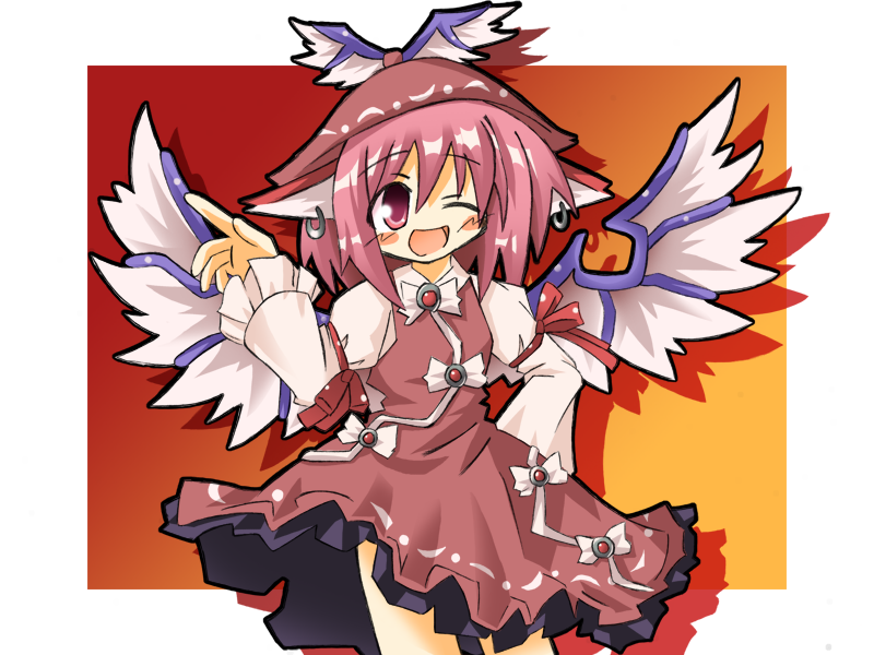 skyle (pixiv16230), mystia lorelei, touhou, 1girl, animal ears, earrings, female focus, hat, jewelry, solo, standing, wings, wink
