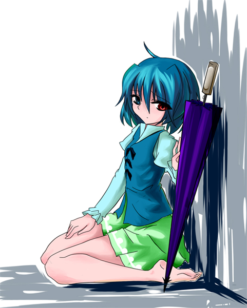 lets, tatara kogasa, touhou, bad id, bad pixiv id, 1girl, barefoot, blue eyes, blue hair, female focus, heterochromia, matching hair/eyes, oil-paper umbrella, red eyes, short hair, solo, umbrella