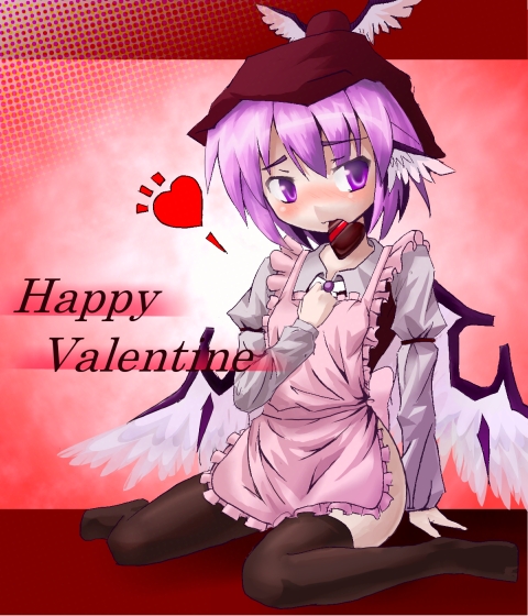 ayagi daifuku, mystia lorelei, touhou, bad id, bad pixiv id, 1girl, animal ears, apron, blush, chocolate, female focus, happy valentine, heart, purple eyes, purple hair, short hair, solo, thighhighs, valentine, wings