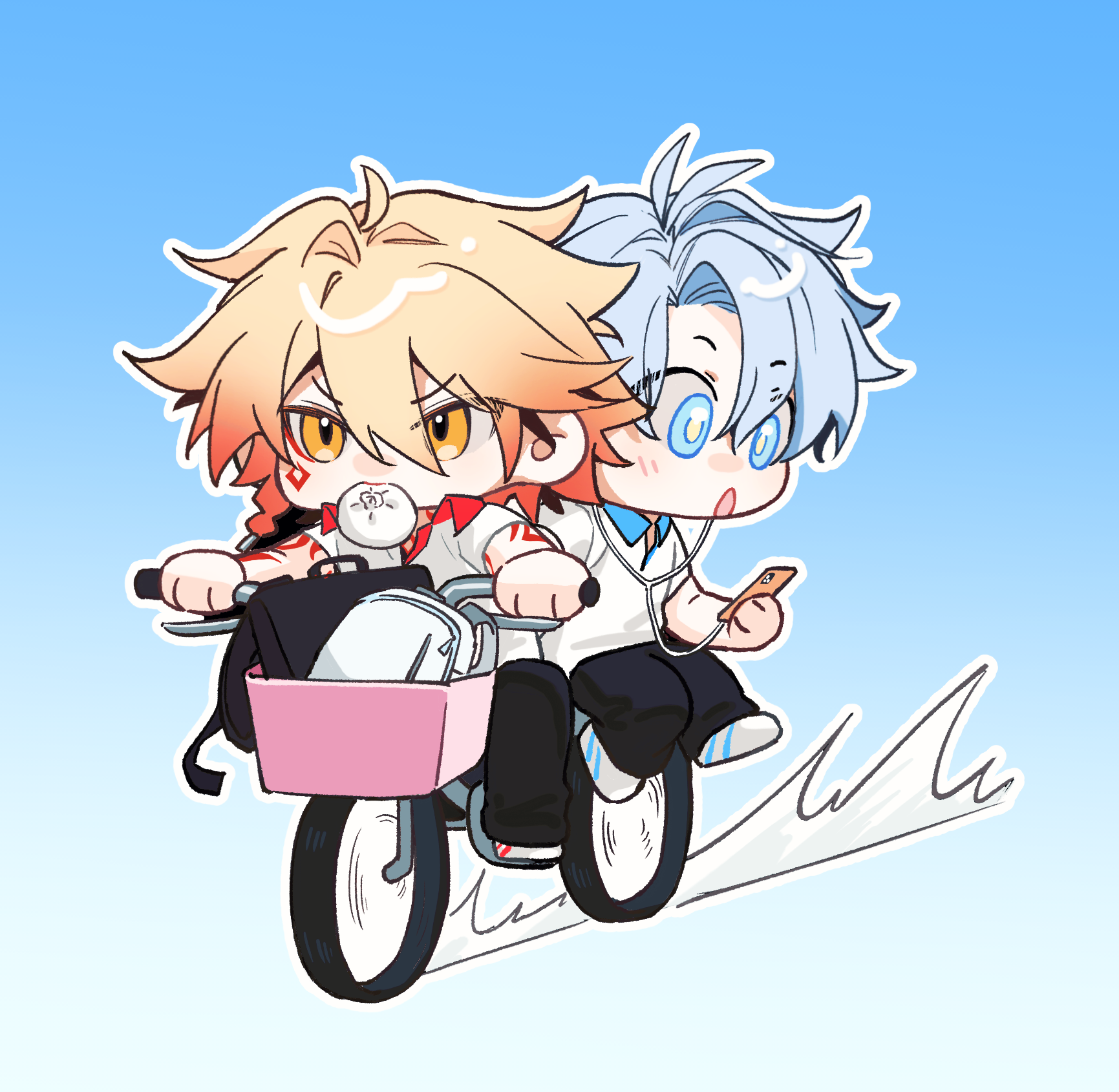 mydei (honkai: star rail), phainon (honkai: star rail), honkai: star rail, honkai (series), chinese commentary, commentary request, highres, 2boys, antenna hair, arm tattoo, bicycle, blonde hair, blue eyes, braid, cellphone, chest tattoo, chibi, earphones, facial tattoo, gradient hair, holding, holding phone, male focus, medium hair, multicolored hair, multiple boys, parted bangs, phone, red hair, red tattoo, riding, riding bicycle, shirt, short hair, short sleeves, side braid, smartphone, tattoo, wenchelaoyao, white hair, white shirt, yellow eyes