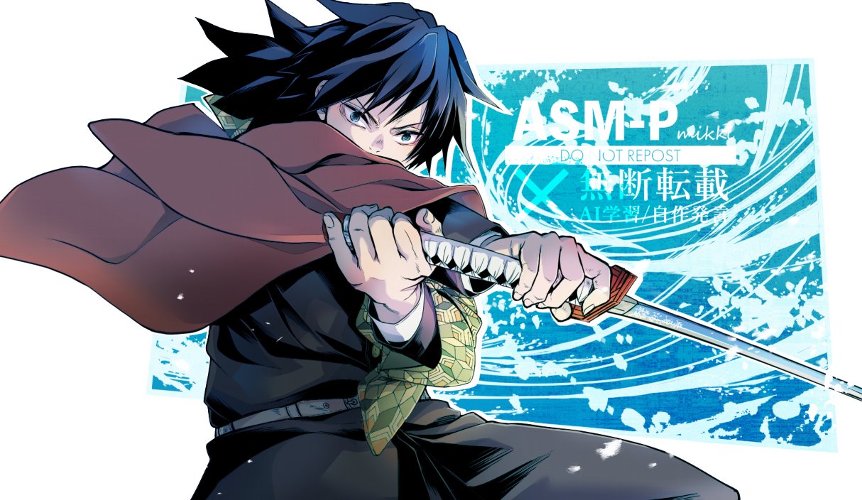 mikki (asmp), tomioka giyuu, kimetsu no yaiba, 1boy, belt, black hair, black jacket, black pants, blue eyes, buttons, demon slayer uniform, english text, fingernails, gold buttons, haori, high collar, holding, holding sword, holding weapon, jacket, japanese clothes, katana, kikkoumon, low ponytail, male focus, pants, ponytail, print haori, red haori, solo, spiked hair, sword, watermark, weapon, white background, white belt