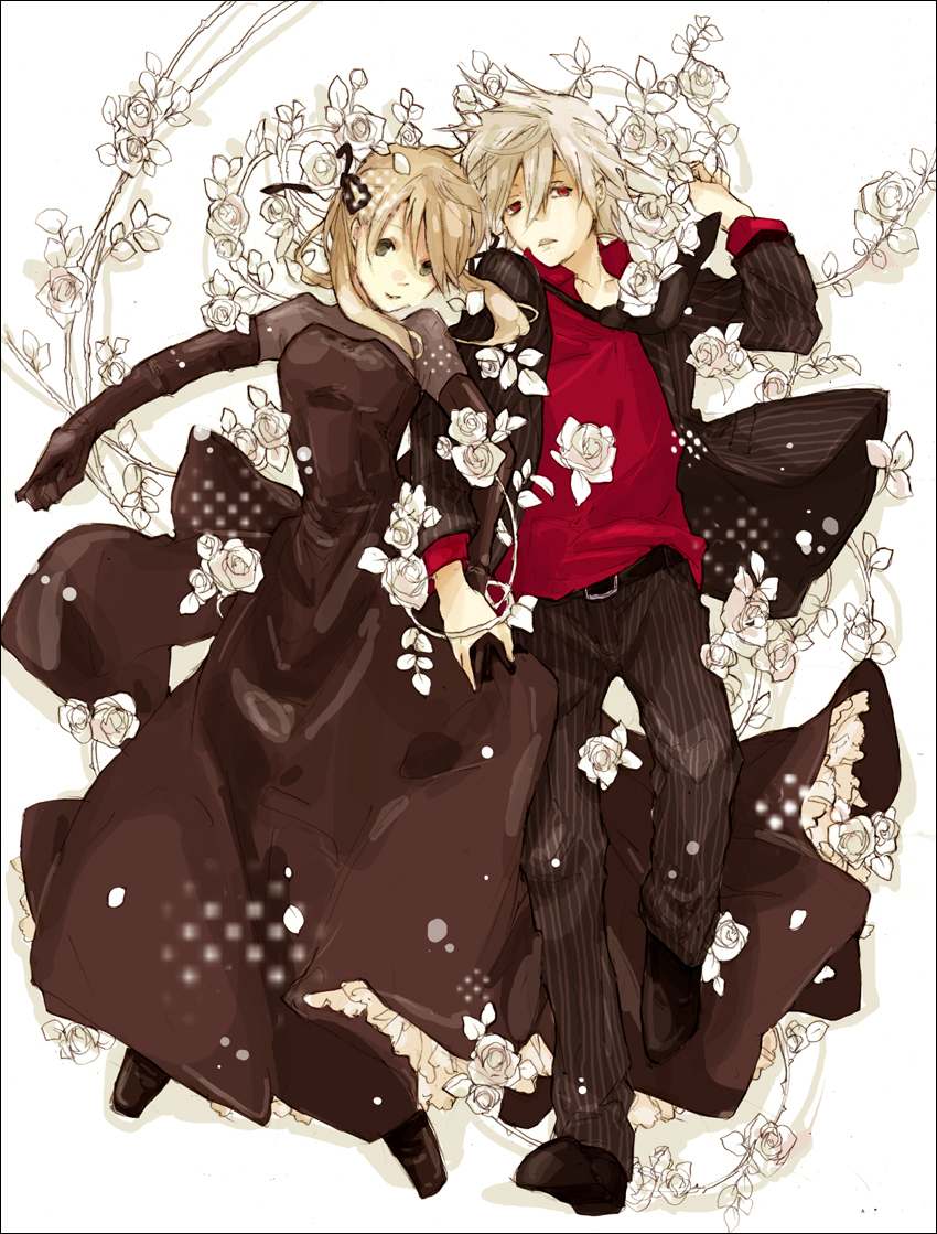 katsura miya, maka albarn, soul evans, soul eater, silver hair, bad id, bad pixiv id, 00s, 1boy, 1girl, belt, blonde hair, couple, dress, flower, formal clothes, green eyes, hetero, holding hands, lying, necktie, red eyes, suit, twintails