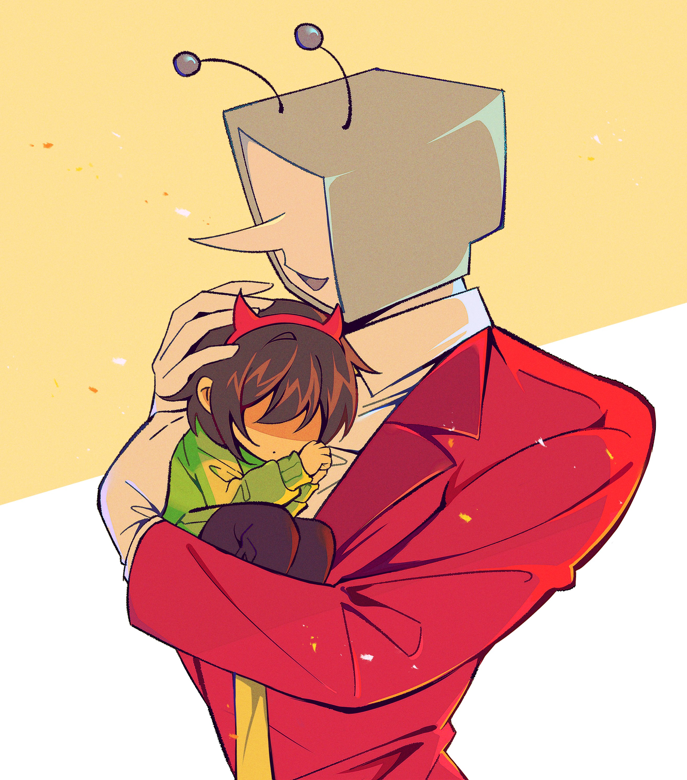 yp katelove, ant tenna, kris (deltarune), deltarune, utdr (toby fox), absurdres, highres, 1boy, 1other, brown hair, brown pants, carrying, carrying person, collared shirt, crt, fake horns, gloves, green shirt, hairband, hand on another's head, horn hairband, horns, jacket, long nose, necktie, object head, pants, partially shaded face, pointy nose, radio antenna, red hairband, red jacket, shirt, short hair, size difference, smile, white gloves, white shirt, yellow necktie