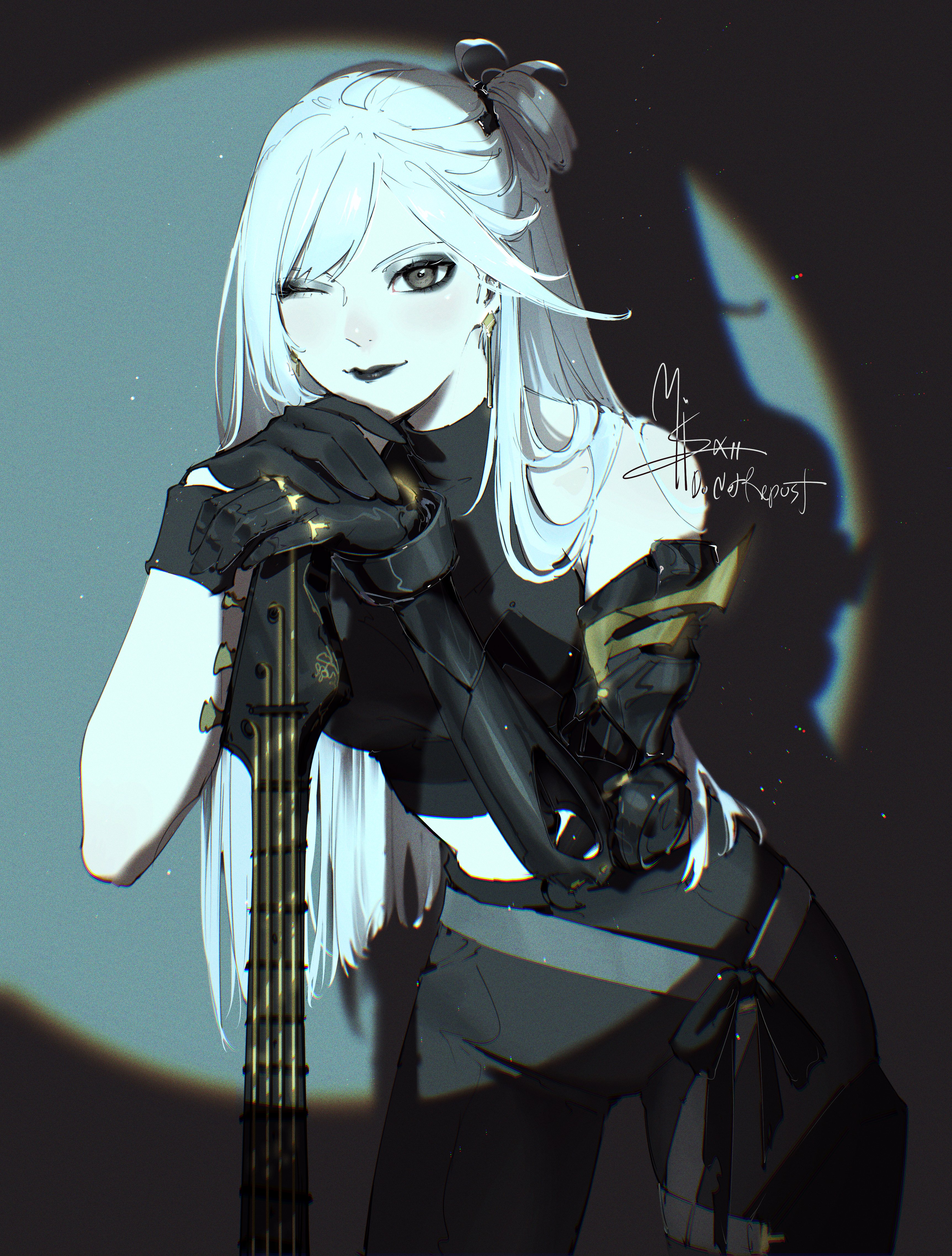 mistxii, frenlyse, nier (series), nier reincarnation, absurdres, commentary, highres, 1girl, animal ears, bass guitar, black eyes, black gloves, black lips, black shirt, breasts, gloves, instrument, light particles, long hair, looking at viewer, mechanical arms, medium breasts, one eye closed, shirt, single mechanical arm, sleeveless, sleeveless shirt, solo, spotlight, white hair