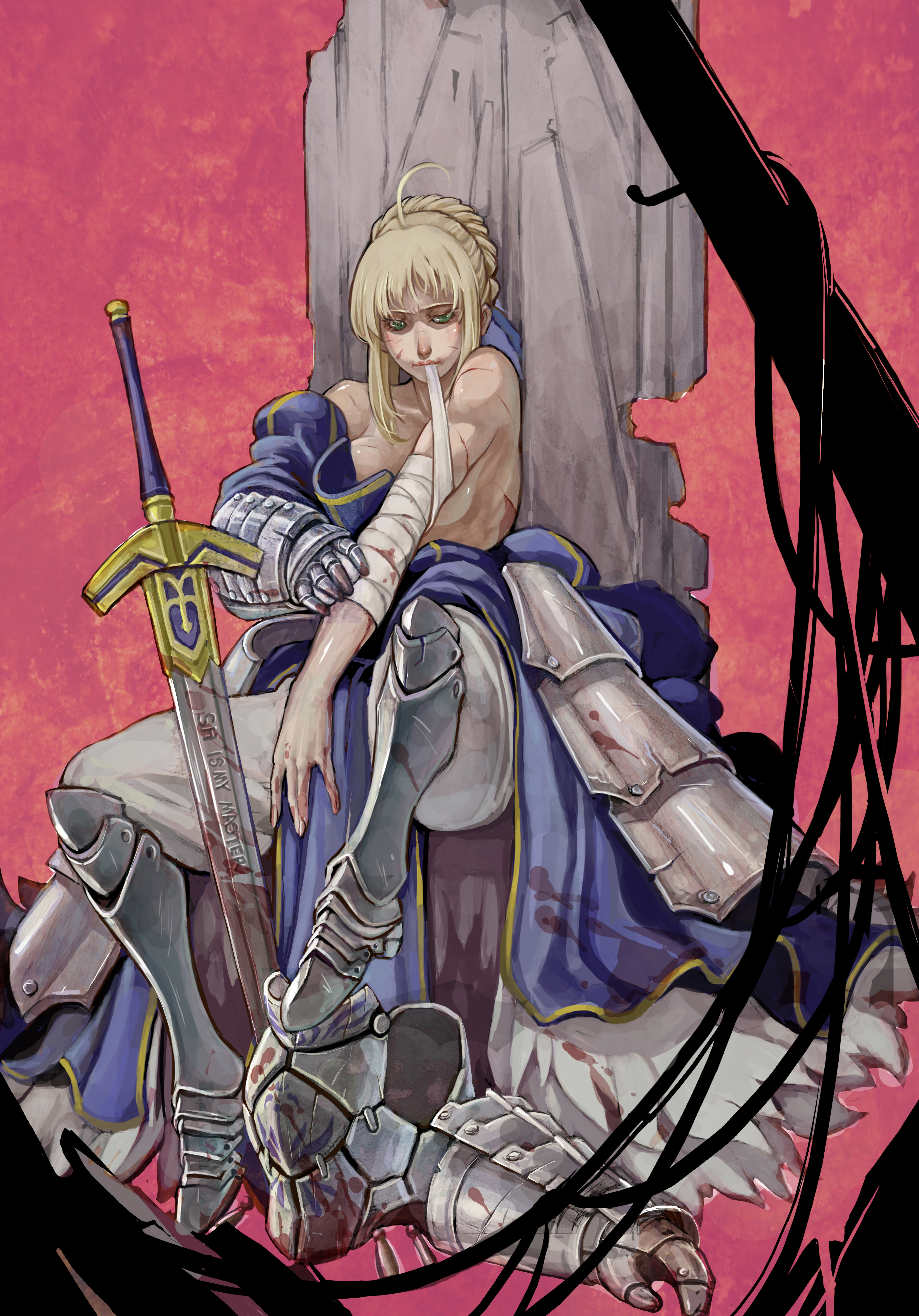 sanzhuangwangcat, artoria pendragon (fate), saber (fate), fate/stay night, fate (series), type-moon, absurdres, highres, 00s, 1girl, ahoge, armor, bandages, blonde hair, bruise, female focus, green eyes, injury, mouth hold, no bra, sitting, solo, sword, weapon