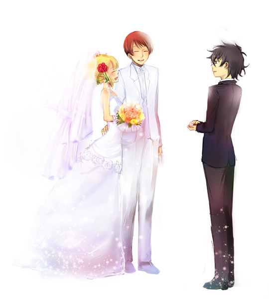 mina m, mochizuki mina, louise halevy, saji crossroad, setsuna f. seiei, gundam, gundam 00, 00s, 1girl, 2boys, blush, bouquet, bride, dress, flower, formal clothes, good end, hair flower, hair ornament, multiple boys, short hair, simple background, smile, suit, wedding, wedding dress