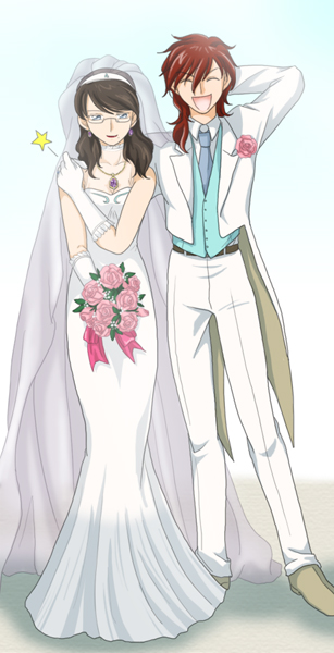 nemunemu (candy paddle), kati mannequin, patrick colasour, gundam, gundam 00, spoilers, 00s, 1boy, 1girl, blue eyes, bouquet, bride, brown hair, dress, earrings, flower, formal clothes, glasses, gloves, good end, jewelry, necklace, short hair, smile, suit, wedding, wedding dress