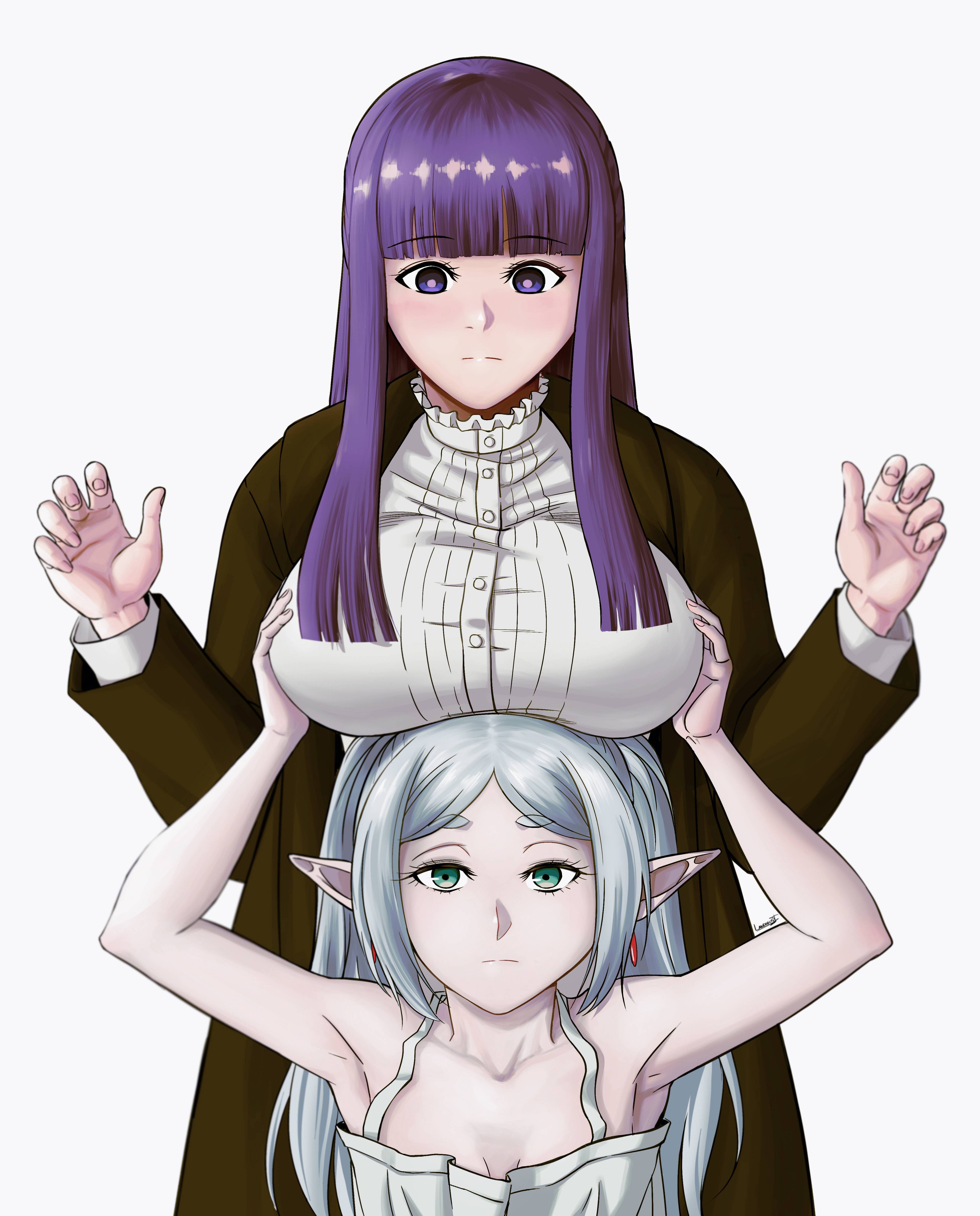 fern (sousou no frieren), frieren, sousou no frieren, absurdres, highres, 2girls, breasts, dress, elf, grabbing another's breast, green eyes, groping, landigust, large breasts, multiple girls, pointy ears, purple eyes, purple hair, white dress, white hair