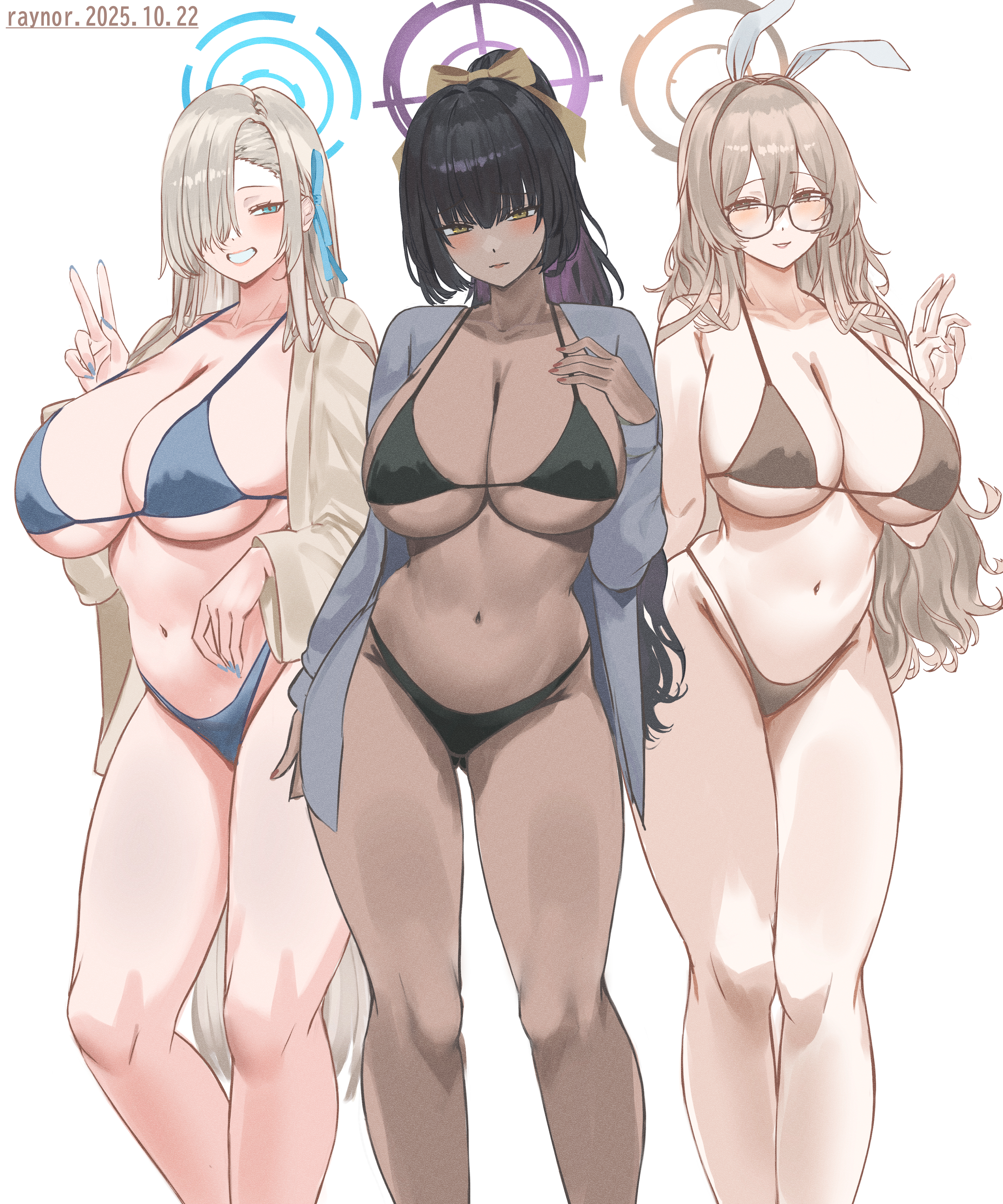 nuo (fttv3255), akane (blue archive), asuna (blue archive), karin (blue archive), blue archive, absurdres, commentary, highres, symbol-only commentary, 3girls, alternate costume, alternate hairstyle, bikini, black bikini, black hair, blonde hair, blue bikini, blush, breasts, brown bikini, brown eyes, brown hair, brown halo, cleavage, closed mouth, dark-skinned female, dark skin, feet out of frame, hair over one eye, halo, huge breasts, legs, long hair, looking at viewer, multiple girls, navel, purple halo, simple background, smile, standing, stomach, swimsuit, thighs, v, very long hair, white background, yellow eyes