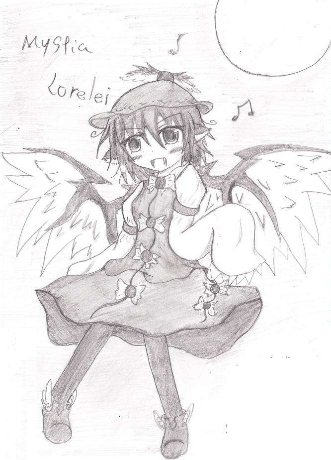 onsen tamago (onnsenn), onsentamago@shugyouchuu, mystia lorelei, touhou, bad id, bad pixiv id, 1girl, animal ears, beamed quavers, fang, female focus, full body, greyscale, hat, monochrome, moon, musical note, open mouth, quaver, short hair, sketch, skirt, solo, white background, wings