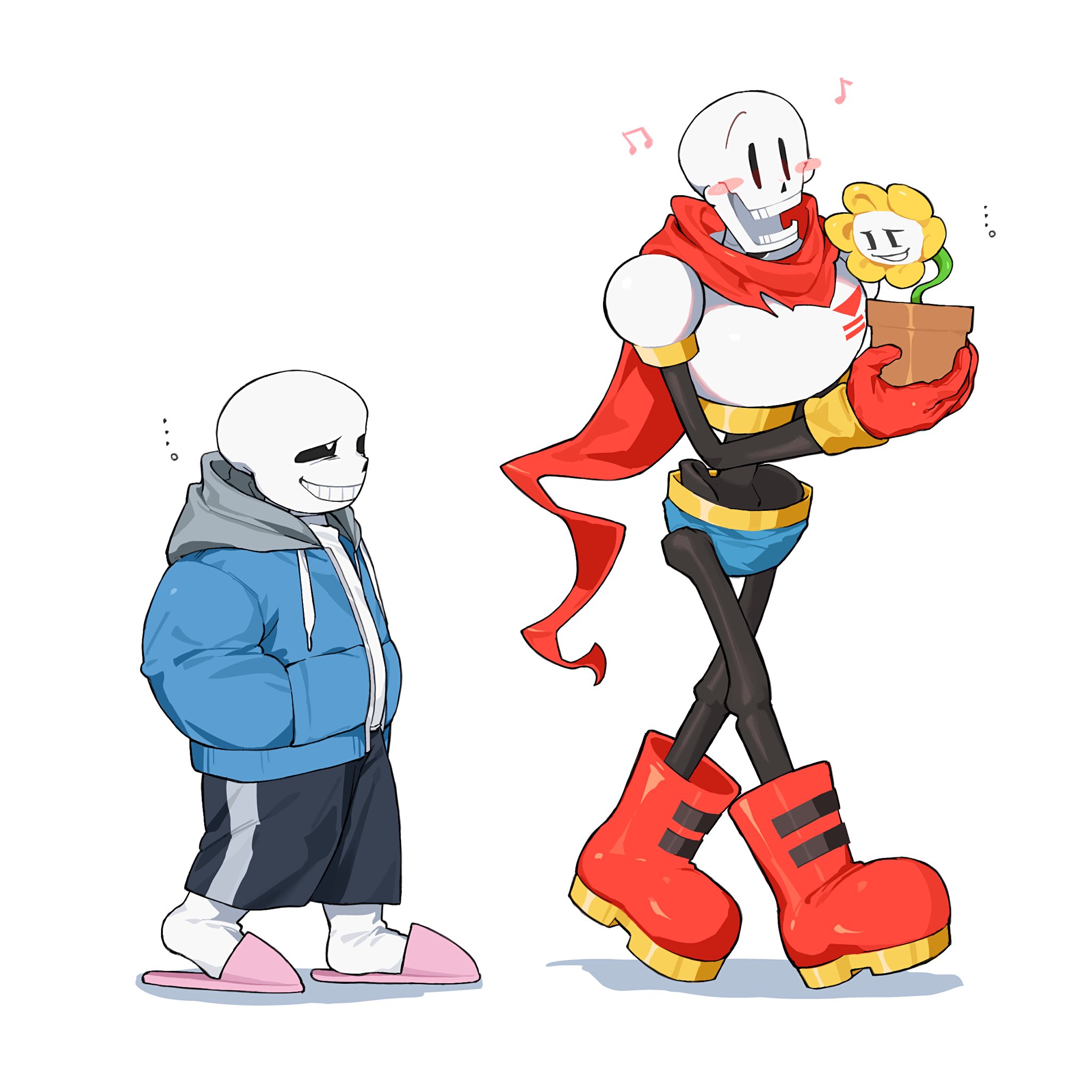 flowey (undertale), papyrus (undertale), sans (undertale), undertale, utdr (toby fox), highres, …, 2boys, black shorts, blue jacket, blue male underwear, blush stickers, boots, drawstring, flower, flower pot, grey hoodie, hands in pockets, height difference, holding, holding flower pot, hood, hoodie, jacket, male underwear, multiple boys, musical note, open clothes, open jacket, p ch3c00h, pink slippers, red boots, red scarf, scarf, shadow, shirt, shorts, simple background, skeleton, slippers, smile, socks, teeth, torn clothes, torn scarf, underwear, white background, white shirt, white socks