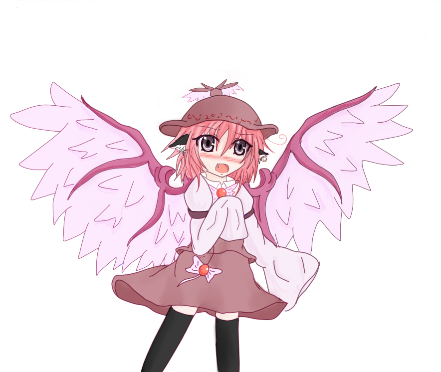 onsen tamago (onnsenn), onsentamago@shugyouchuu, mystia lorelei, touhou, bad id, bad pixiv id, 1girl, ahoge, animal ears, blush, earrings, fang, female focus, jewelry, open mouth, simple background, solo, standing, thighhighs, white background, wings