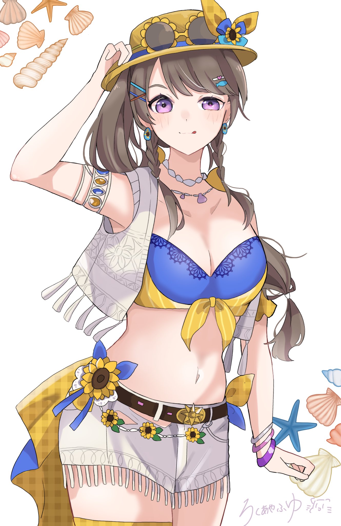 roku aya fuyu, fujishima megumi, link! like! love live!, love live!, commentary, highres, 1girl, alternate costume, arm up, bare shoulders, bikini, blue bikini, bracelet, breasts, brown hair, cleavage, collarbone, cowboy shot, eyewear on headwear, flower-shaped eyewear, hat, jewelry, large breasts, long hair, looking at viewer, low-tied long hair, open clothes, open vest, ponytail, seashell, shell, shorts, solo, sunglasses, swimsuit, uneven eyes, very! very! coconatsu, vest, virtual youtuber, white shorts, white vest, yellow hat