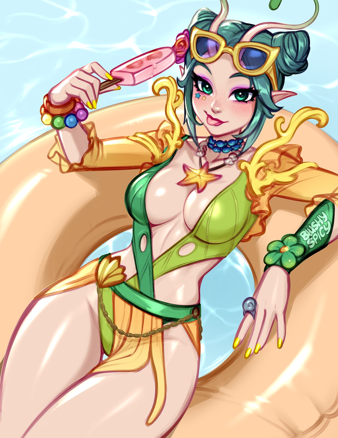 blushyspicy, mantis (marvel), mantis (oceanic harmony) (marvel), guardians of the galaxy, marvel, marvel rivals, highres, 1girl, alien, antennae, blush, breasts, cleavage, eyewear on head, green eyes, green hair, green one-piece swimsuit, jewelry, large breasts, long hair, looking at viewer, necklace, official alternate costume, one-piece swimsuit, pointy ears, smile, solo, sunglasses, swimsuit, water