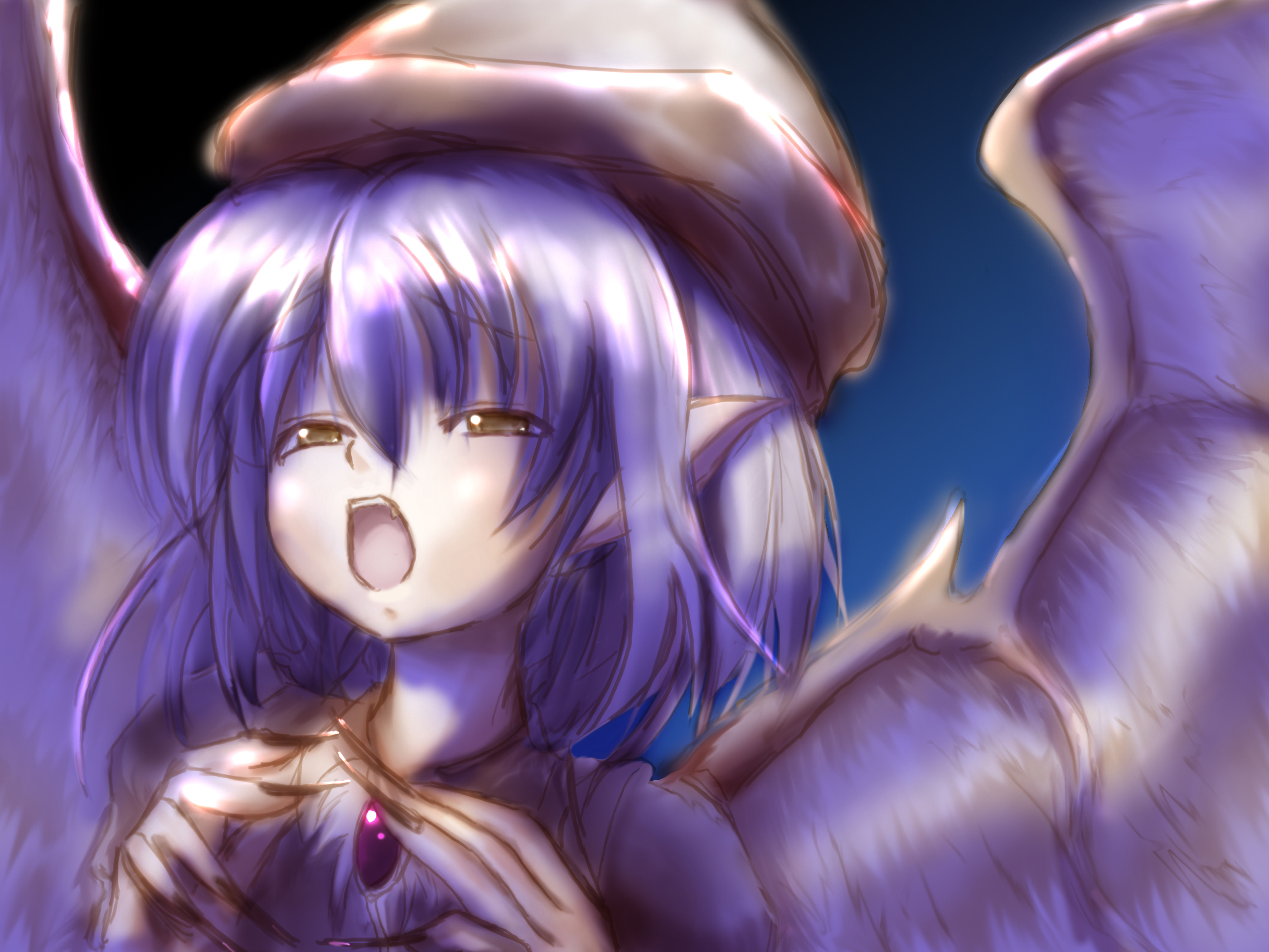 rindon (pixiv338875), mystia lorelei, touhou, highres, 1girl, animal ears, brown eyes, fang, female focus, fingernails, gradient background, hat, long fingernails, nail (hardware), open mouth, purple hair, solo, wings