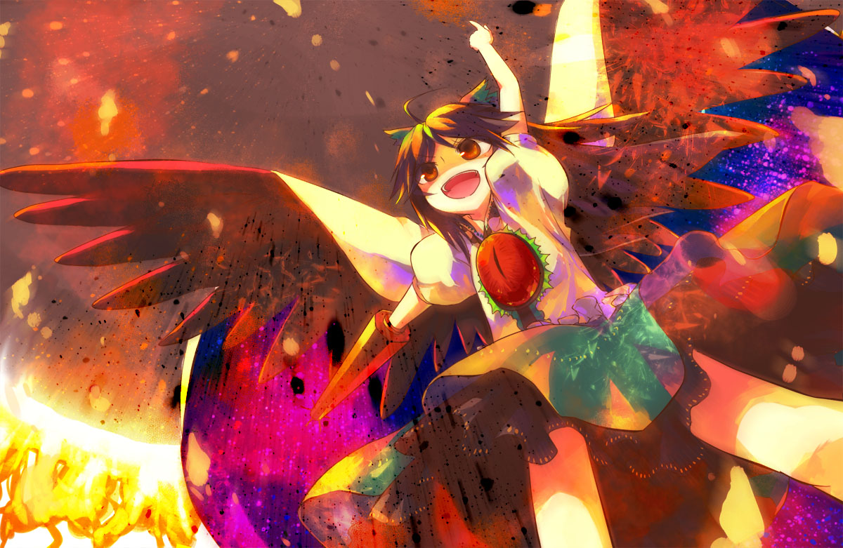 hanui, reiuji utsuho, touhou, bad id, bad pixiv id, 1girl, brown hair, female focus, fire, skirt, solo, wings