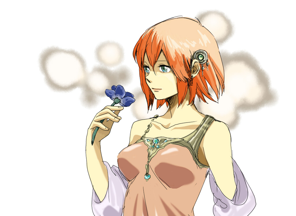 regain, lenna charlotte tycoon, final fantasy, final fantasy v, 1990s (style), 1girl, blue eyes, breasts, detached sleeves, dress, female focus, flower, hair ornament, pink hair, short hair, solo
