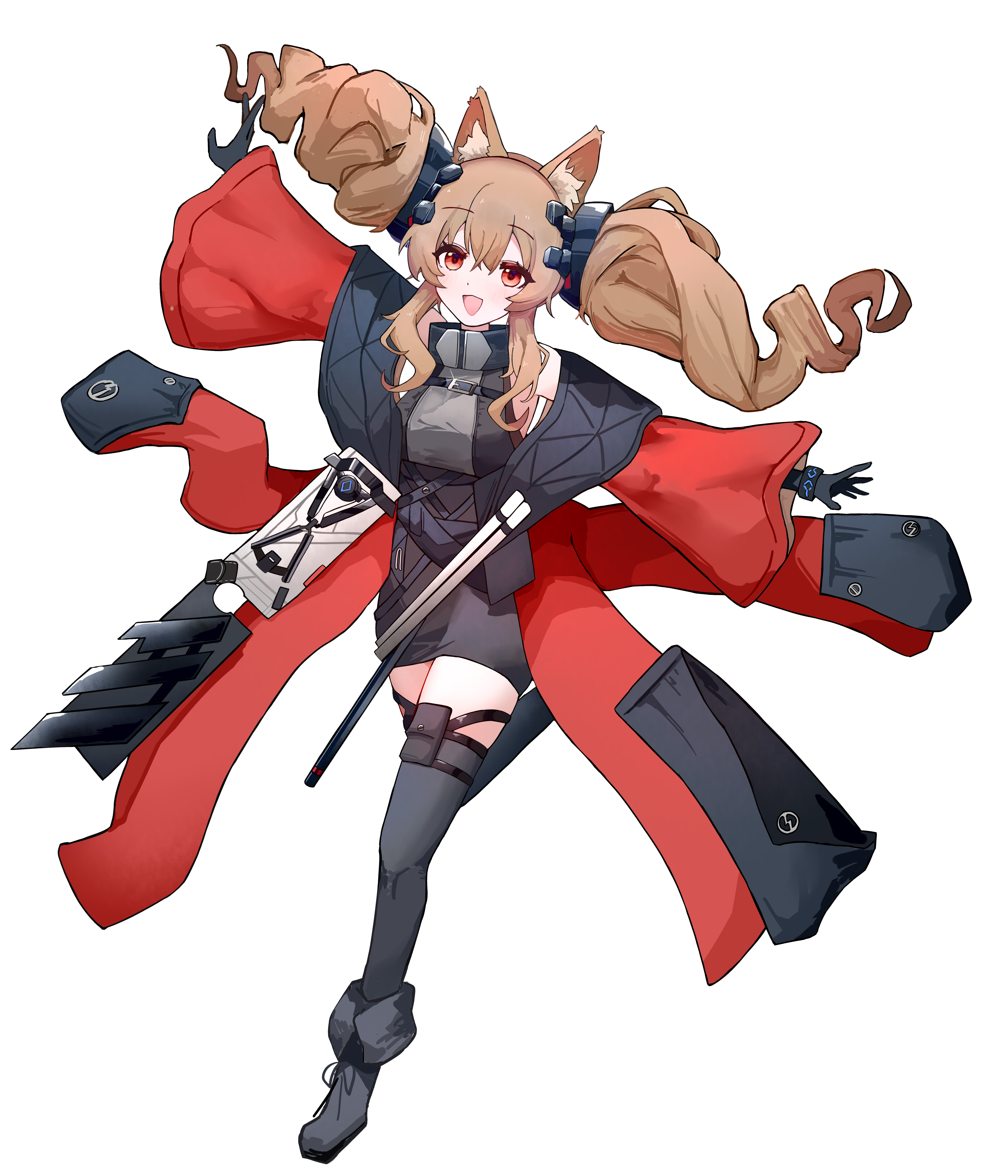 gu siyang bai niao, angelina (arknights), gilberta (arknights), infection monitor (arknights), arknights, arknights: endfield, absurdres, chinese commentary, commentary request, highres, 1girl, :d, animal ear fluff, animal ears, belt, black boots, black gloves, black thighhighs, boots, breasts, brown hair, coat, dot nose, dress, floating hair, fold-over boots, fox ears, fox girl, full body, glint, gloves, grey dress, hair between eyes, headgear, high belt, high collar, impossible clothes, impossible dress, leg up, long hair, long sleeves, looking at viewer, medium breasts, off shoulder, open mouth, orange eyes, outstretched arms, pouch, red coat, short dress, simple background, sleeveless, sleeveless dress, smile, solo, thigh pouch, thighhighs, twintails, white background, zettai ryouiki