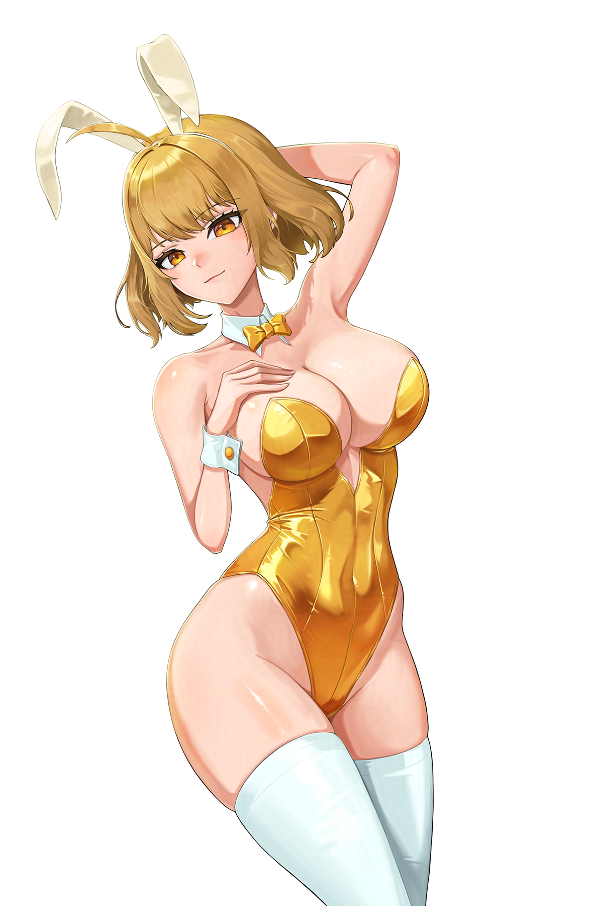 simonz1987, anis (nikke), goddess of victory: nikke, commentary, english commentary, highres, 1girl, animal ear hairband, animal ears, blonde hair, bow, bowtie, breasts, cleavage, cowboy shot, detached collar, fake animal ears, gold bowtie, gold leotard, hairband, hand on own chest, large breasts, leotard, orange eyes, playboy bunny, rabbit ears, short hair, simple background, solo, strapless, strapless leotard, thighhighs, white background, white thighhighs, wrist cuffs