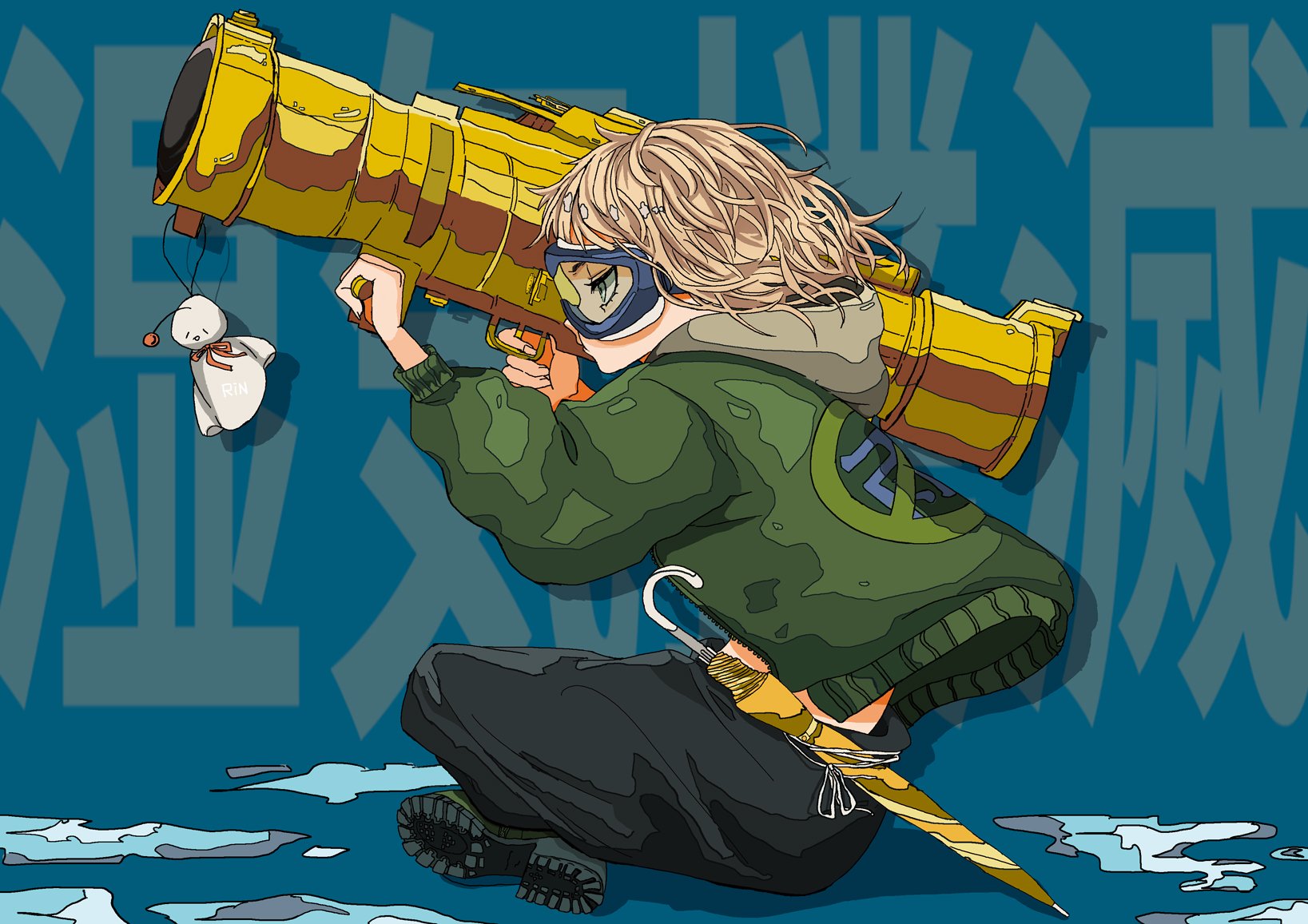 original, highres, translation request, 1girl, aiming, black pants, black shoes, blonde hair, blue background, bomber jacket, closed mouth, goggles, green jacket, holding, holding rocket launcher, holding weapon, hood, hood down, indian style, jacket, midriff peek, pants, puddle, rin (rinchoco91), rocket launcher, shoes, short hair, simple background, sitting, solo, teruterubouzu, umbrella, weapon, yellow umbrella