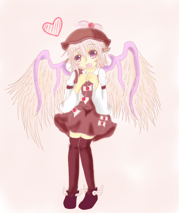 onsen tamago (onnsenn), onsentamago@shugyouchuu, mystia lorelei, touhou, bad id, bad pixiv id, 1girl, animal ears, blush, fang, female focus, full body, hat, heart, open mouth, pink hair, purple eyes, short hair, solo, standing, thighhighs, wings
