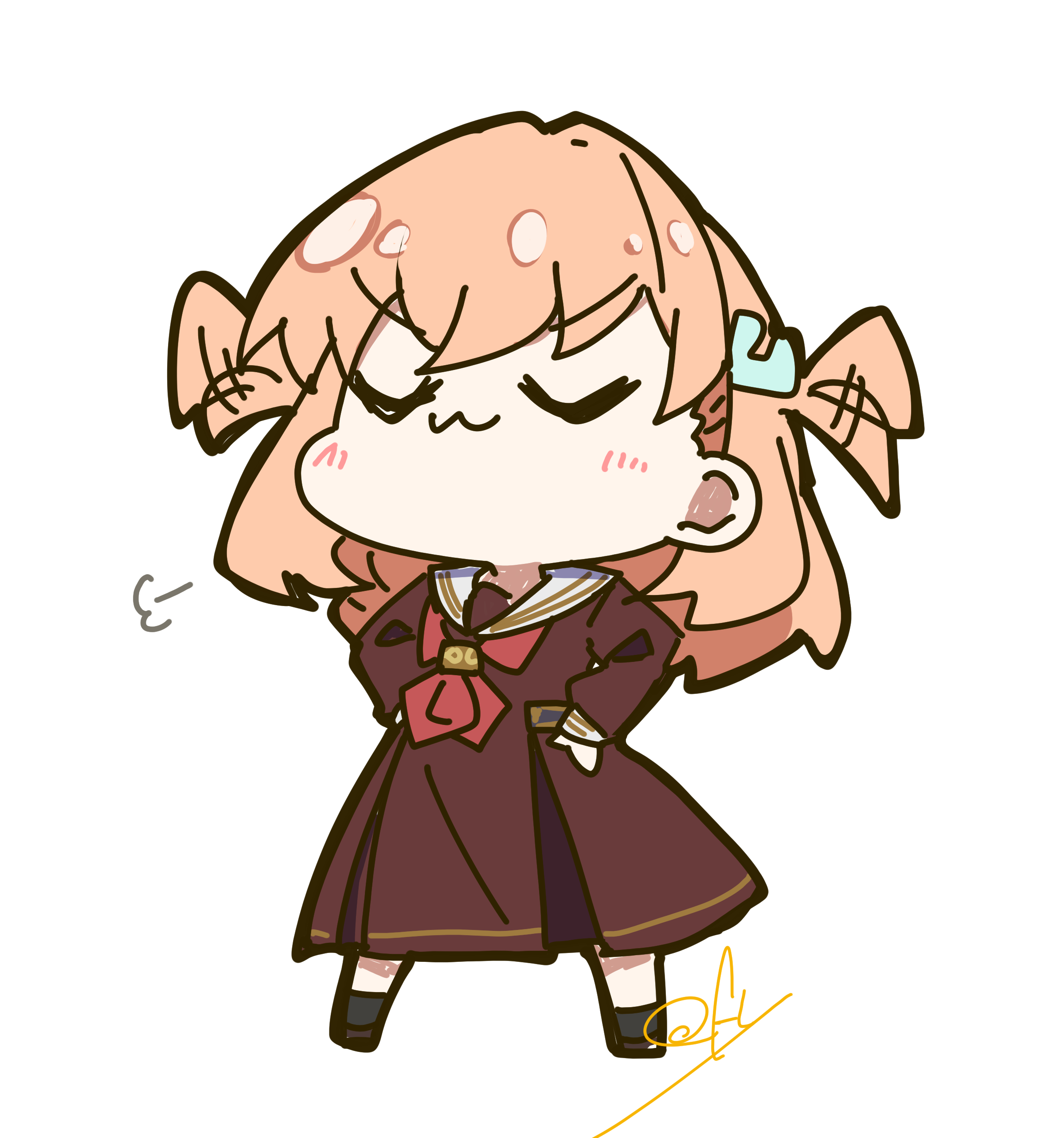 oofushi ao, hinoshita kaho, link! like! love live!, love live!, absurdres, highres, 1girl, :3, black socks, brown dress, closed eyes, closed mouth, dress, expressive hair, hair ornament, hands on own hips, hasu no sora school uniform, long sleeves, medium dress, neckerchief, orange hair, pleated dress, puff of air, rabbit hair ornament, red neckerchief, sailor collar, sailor dress, school uniform, simple background, smug, socks, solo, two side up, u u, v-shaped eyebrows, virtual youtuber, white background, white sailor collar, winter uniform