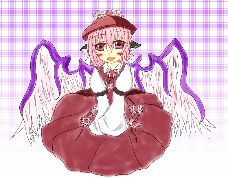 onsen tamago (onnsenn), onsentamago@shugyouchuu, mystia lorelei, touhou, bad id, bad pixiv id, 1girl, animal ears, blush, fang, female focus, hat, open mouth, pink hair, short hair, solo, wings