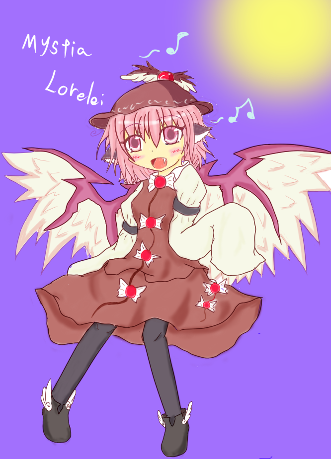 onsen tamago (onnsenn), onsentamago@shugyouchuu, mystia lorelei, touhou, bad id, bad pixiv id, 1girl, animal ears, beamed quavers, fang, female focus, hat, moon, musical note, open mouth, pink hair, quaver, short hair, simple background, solo, wings