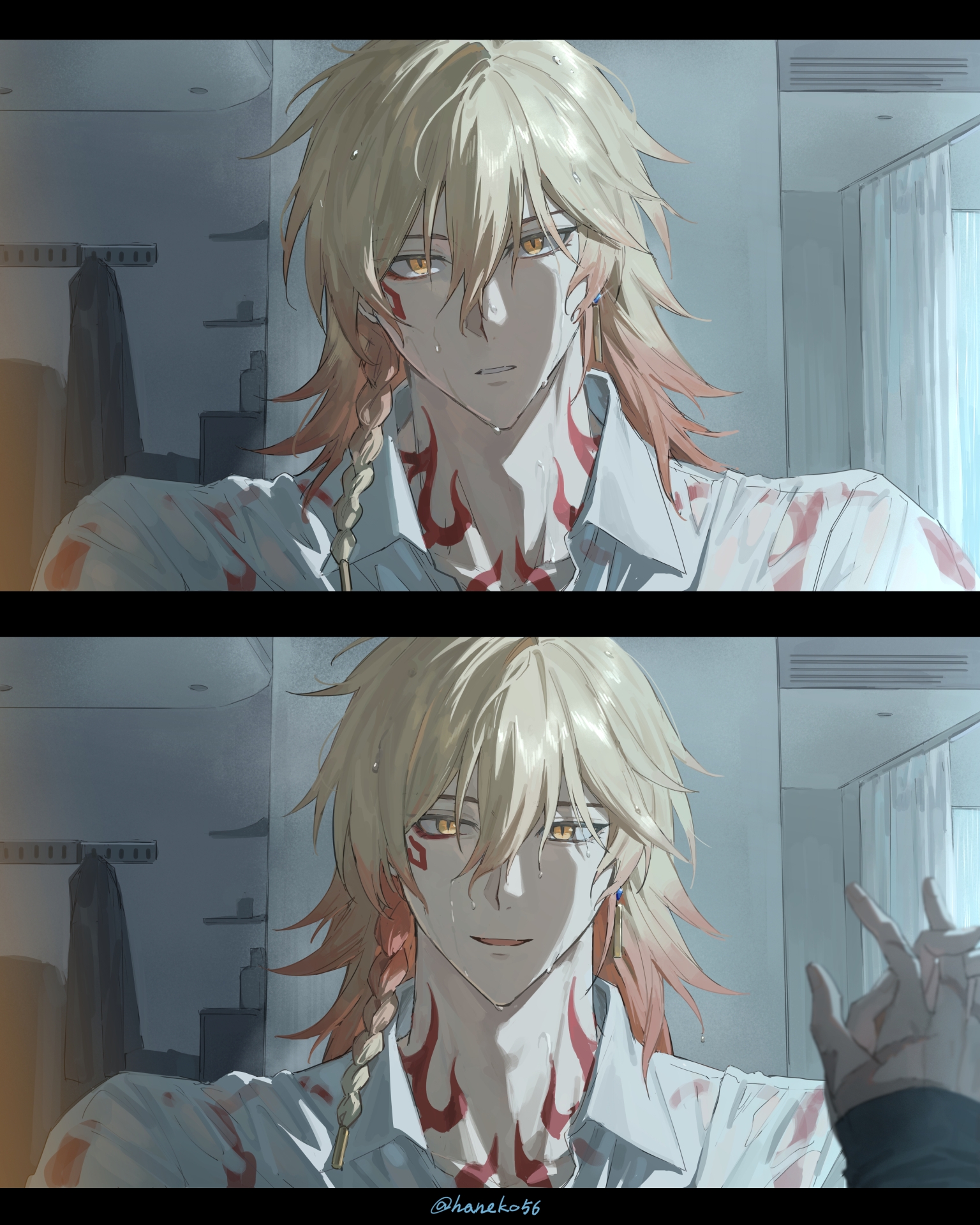 akabane yu, flame reaver of the deepest dark, mydei (honkai: star rail), phainon (honkai: star rail), honkai: star rail, honkai (series), chinese commentary, commentary request, highres, 2boys, blonde hair, braid, collared shirt, facial tattoo, gradient hair, holding hands, male focus, medium hair, multicolored hair, multiple boys, neck tattoo, red hair, red tattoo, see-through clothes, see-through shirt, shirt, shoulder tattoo, side braid, tattoo, wet, wet clothes, wet hair, wet shirt, white shirt, yaoi, yellow eyes