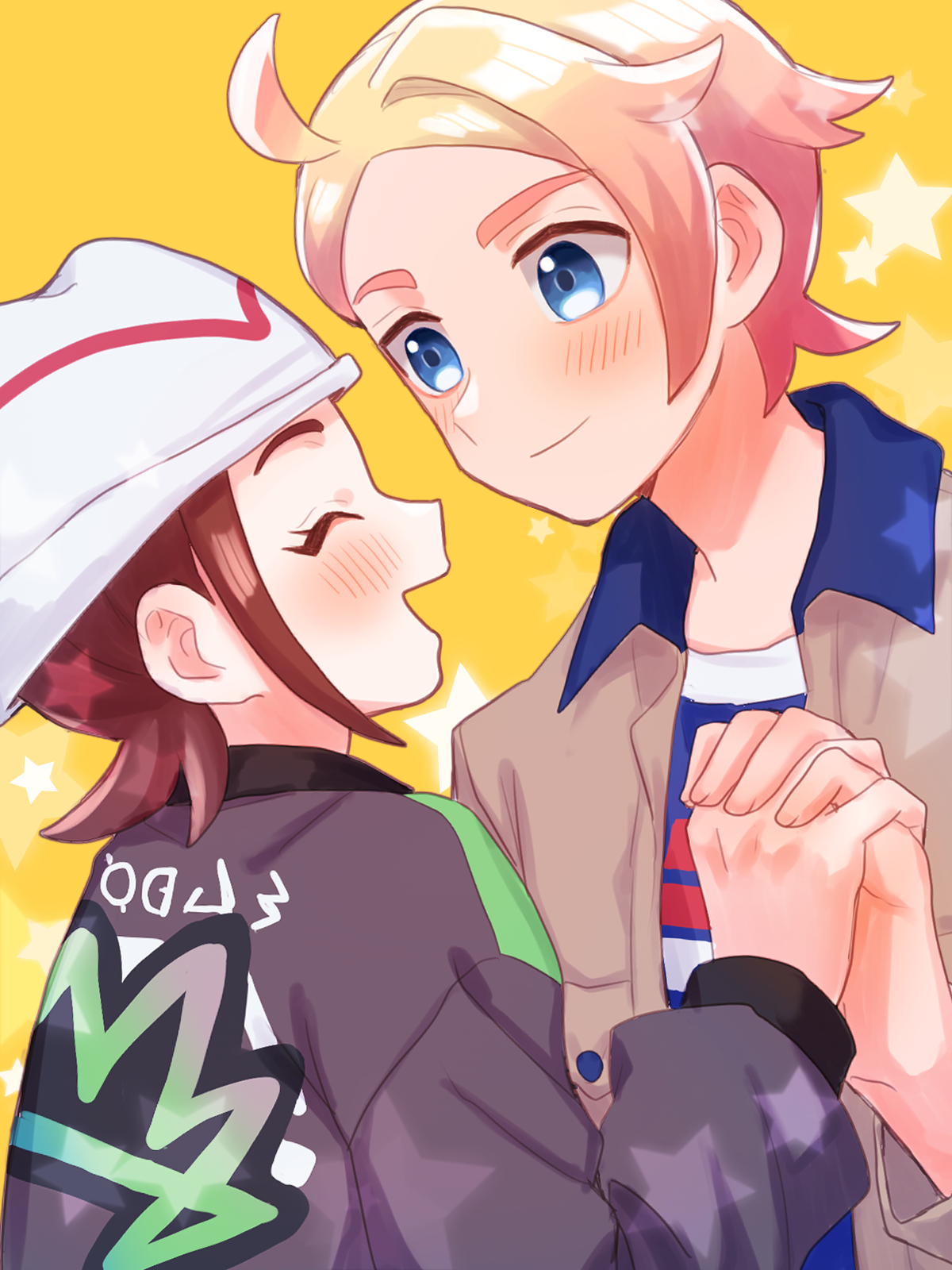 mochi (mocchi p 2m), harmony (pokemon), urbain (pokemon), nintendo, pokemon, pokemon legends: z-a, commentary request, highres, 1boy, 1girl, ahoge, blonde hair, blue eyes, blue shirt, blush, brown hair, brown jacket, closed eyes, closed mouth, eyelashes, hand up, happy, hat, holding hands, jacket, long sleeves, open clothes, open jacket, open mouth, print jacket, print shirt, shirt, smile, star (symbol), white hat, yellow background