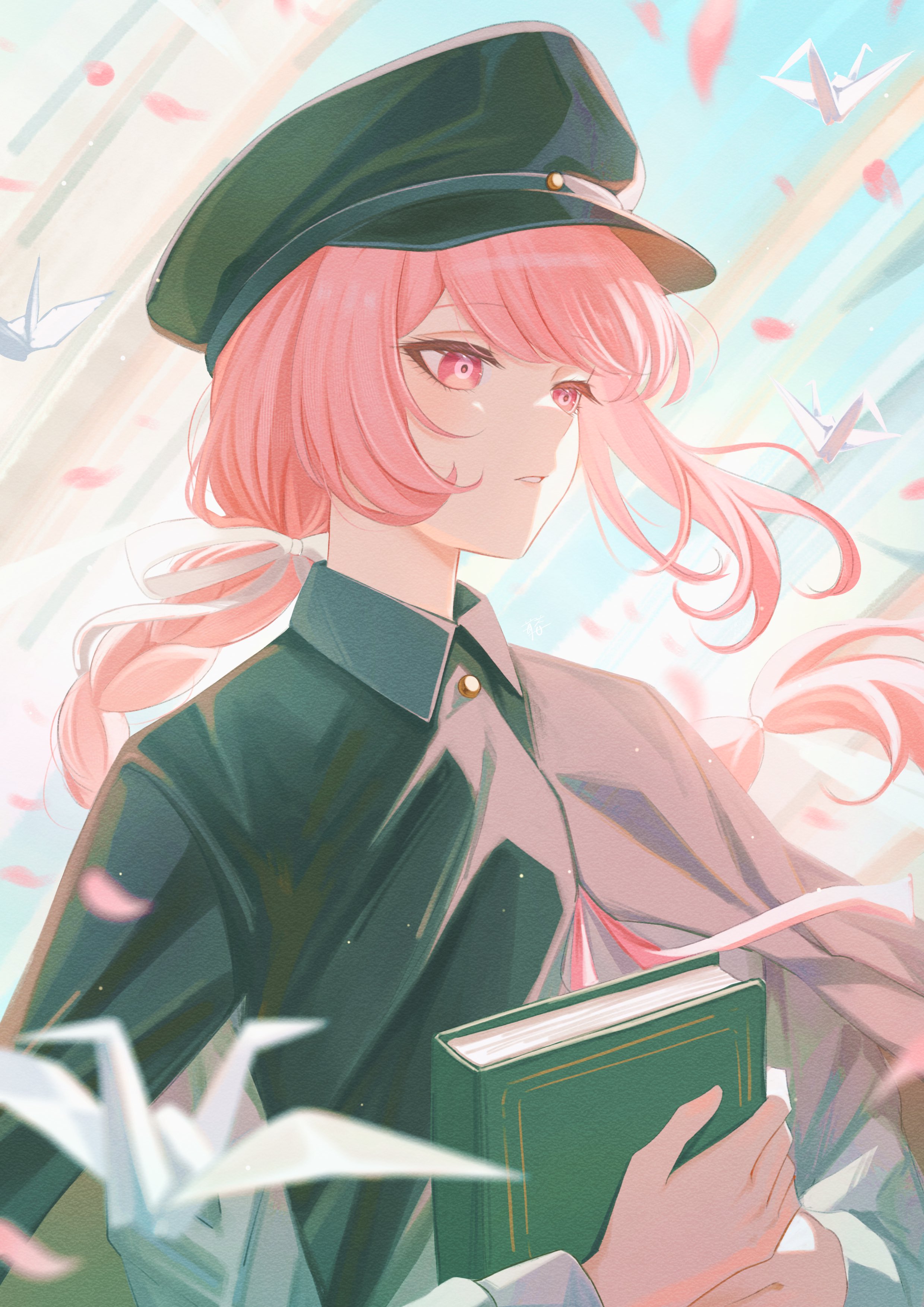 hira icigocha, semba tsuruko, tribe nine, absurdres, highres, 1girl, black cape, black hat, book, braid, braided ponytail, cape, collared shirt, falling petals, hat, holding, holding book, long hair, origami, paper crane, parted lips, petals, pink eyes, pink ribbon, ribbon, shirt, solo, upper body, white ribbon, white shirt