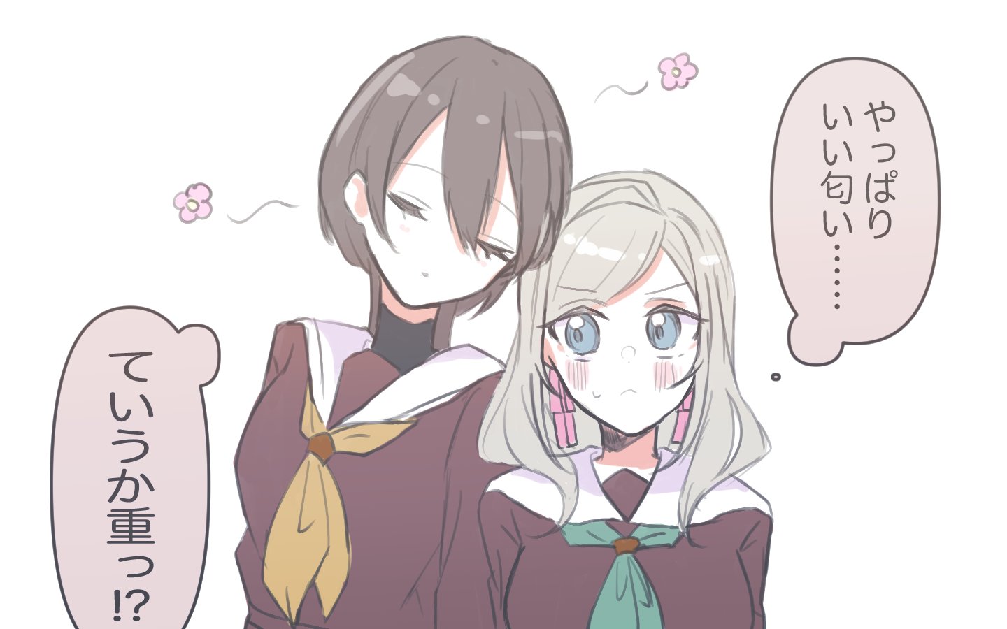 tikuwa l, ceras yanagida lilienfeld, katsuragi izumi, link! like! love live!, love live!, commentary, symbol-only commentary, 2girls, aqua neckerchief, blush, brown dress, brown hair, closed eyes, closed mouth, colored speech bubble, dress, edel note, flower symbol, frown, grey hair, hair ribbon, hasu no sora school uniform, jellyfish cut, leaning on person, leaning to the side, long hair, long sleeves, looking at another, multiple girls, neckerchief, pink ribbon, ribbon, sailor collar, sailor dress, school uniform, simple background, speech bubble, sweatdrop, thought bubble, turtleneck, upper body, v-shaped eyebrows, virtual youtuber, white background, white sailor collar, winter uniform, yellow neckerchief