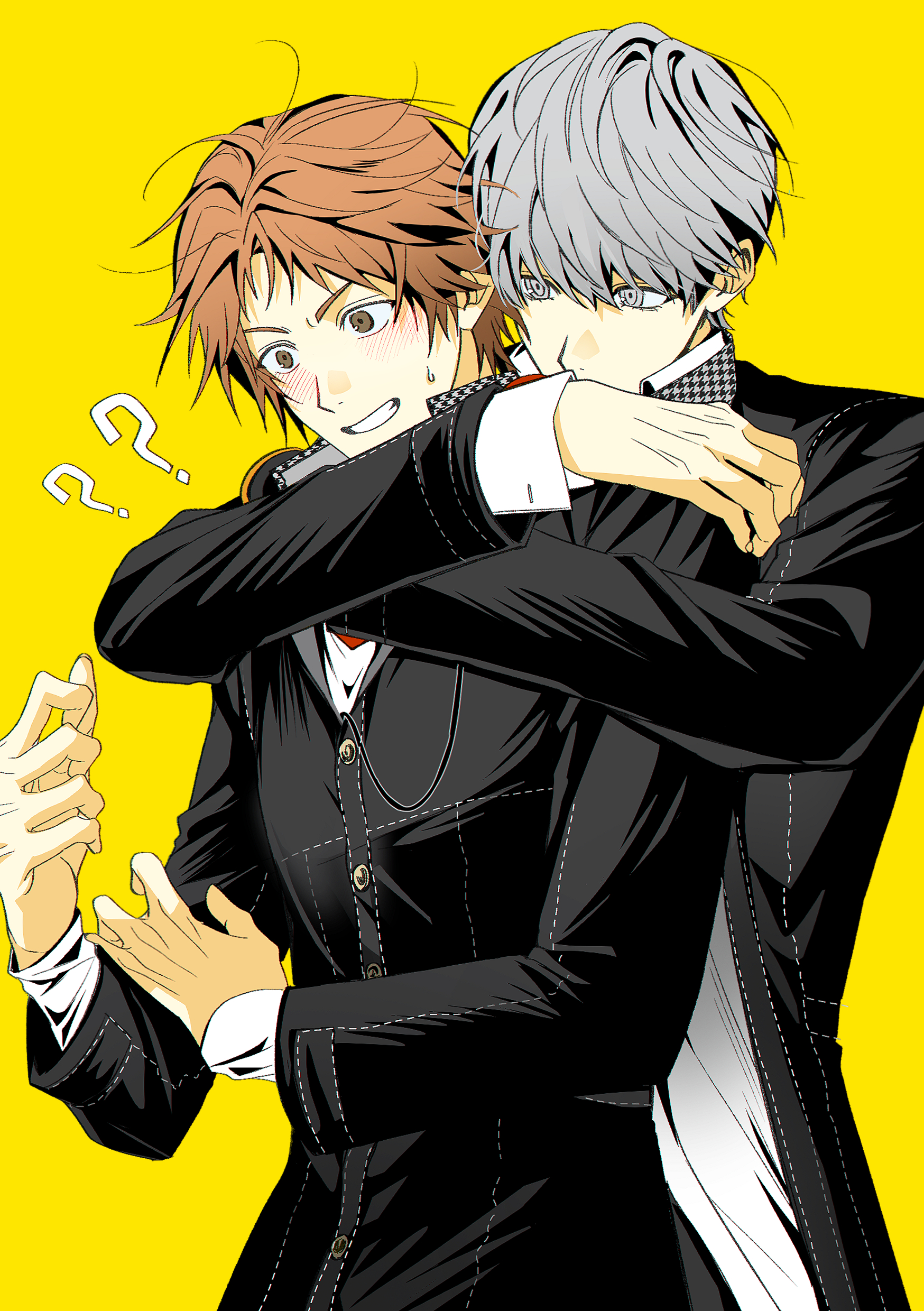 hanamura yousuke, narukami yu, persona, persona 4, absurdres, highres, korean commentary, 2boys, ?, black jacket, blush, brown eyes, brown hair, grey eyes, grey hair, hand on own arm, hug, hug from behind, jacket, male focus, multiple boys, open clothes, open jacket, sa1meunegg, school uniform, short hair, simple background, small sweatdrop, smile, upper body, yaoi, yasogami school uniform, yellow background