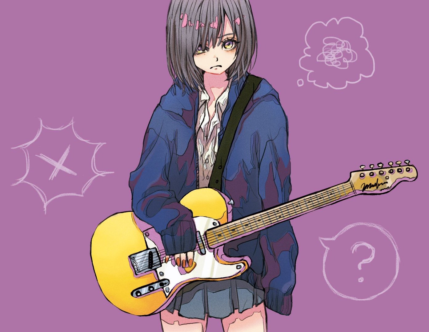 original, 1girl, ?, black hair, blue jacket, closed mouth, collared shirt, frown, grey skirt, guitar, holding, holding plectrum, hood, hood down, hooded jacket, instrument, jacket, looking at viewer, orange nails, pleated skirt, plectrum, purple background, rin (rinchoco91), school uniform, shirt, short hair, simple background, skirt, sleeves past fingers, sleeves past wrists, solo, speech bubble, spoken question mark, spoken x, squiggle, thought bubble, upper body, white shirt, yellow eyes