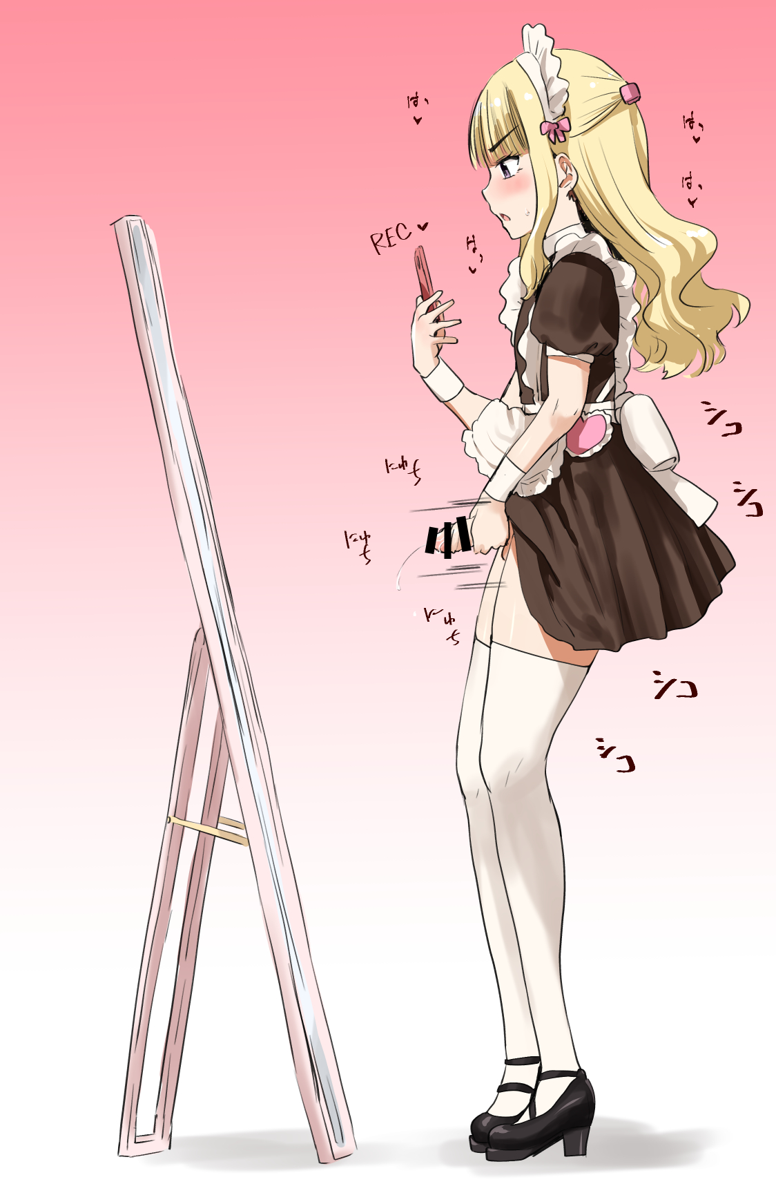 minase (takaoka nanase), original, highres, translated, variant set, 1boy, apron, back bow, bar censor, black shoes, block heels, blonde hair, blunt bangs, blush, bow, brown dress, brown eyes, bulge, cellphone, censored, clothes lift, crossdressing, crossdressing (mtf), dress, dress lift, erection, erection under clothes, frilled apron, frilled headwear, frills, full-length mirror, furrowed brow, hair ornament, hairclip, half updo, hand up, hands up, heart, heavy breathing, holding, holding phone, legs together, long hair, long sidelocks, looking at mirror, maid, maid apron, maid headdress, makeup, male focus, male masturbation, masturbation, mirror, moaning, motion lines, notice lines, open mouth, parted lips, penis, phone, pink bow, precum, puffy sleeves, recording, ribbon-trimmed headwear, ribbon trim, shoes, short dress, short sleeves, sidelocks, simple background, smartphone, solo, sound effects, standing, sweatdrop, testicles, thighhighs, thighs, trap, v, wavy hair, white apron, white thighhighs, white wrist cuffs, wrist cuffs, zettai ryouiki
