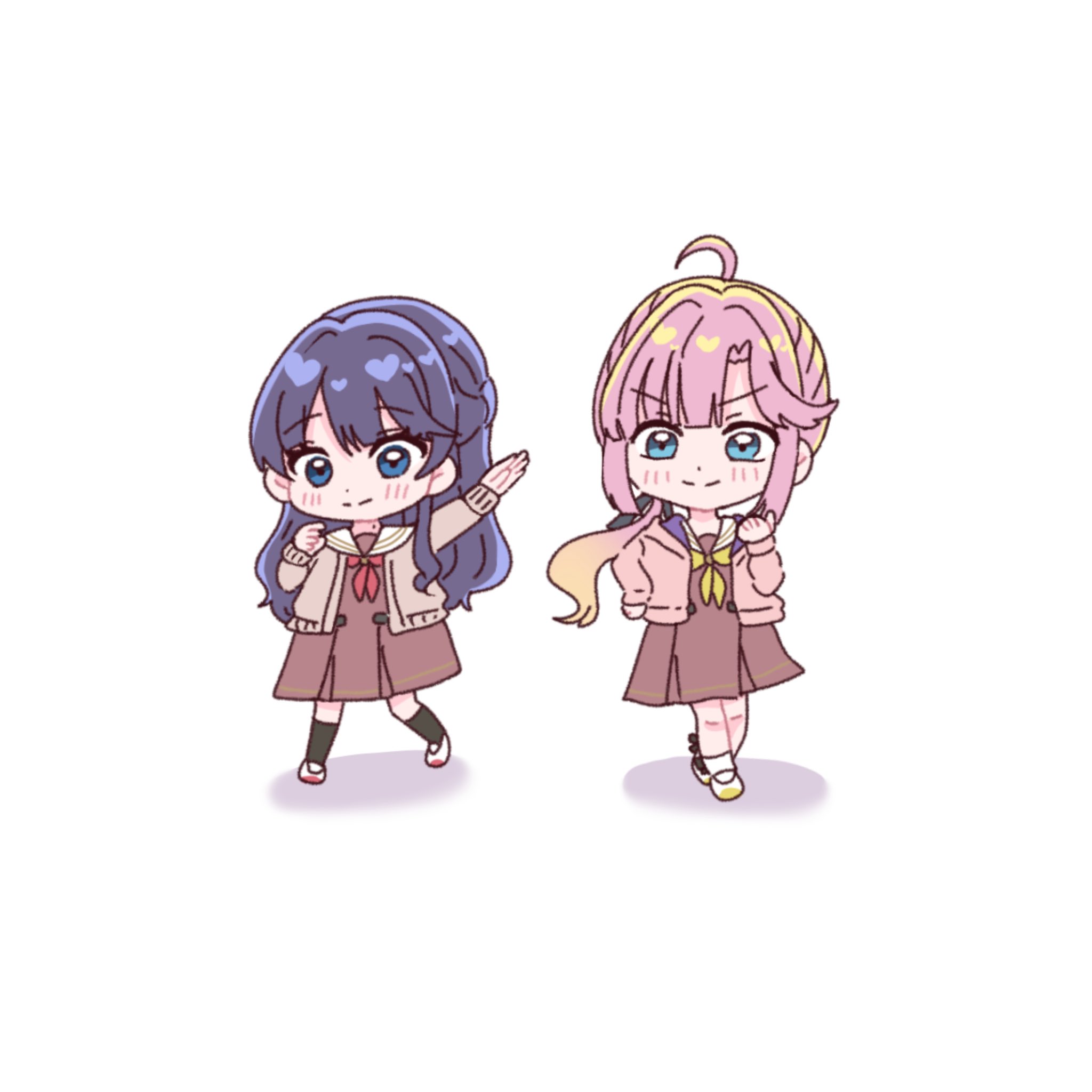 harusame soup (har s k), anyoji hime, murano sayaka, link! like! love live!, love live!, commentary, highres, symbol-only commentary, 2girls, ahoge, black bow, black ribbon, black socks, blue eyes, blue hair, bow, bow legwear, brown cardigan, brown dress, cardigan, closed mouth, dress, hair ribbon, half updo, hasu no sora school uniform, jacket, long sleeves, looking at viewer, medium dress, multiple girls, neckerchief, open cardigan, open clothes, open jacket, outstretched arm, pink jacket, pleated dress, ponytail, red neckerchief, red shoes, ribbon, sailor collar, sailor dress, school uniform, shoes, simple background, smile, socks, split mouth, uwabaki, virtual youtuber, white background, white sailor collar, white socks, winter uniform, yellow neckerchief, yellow shoes