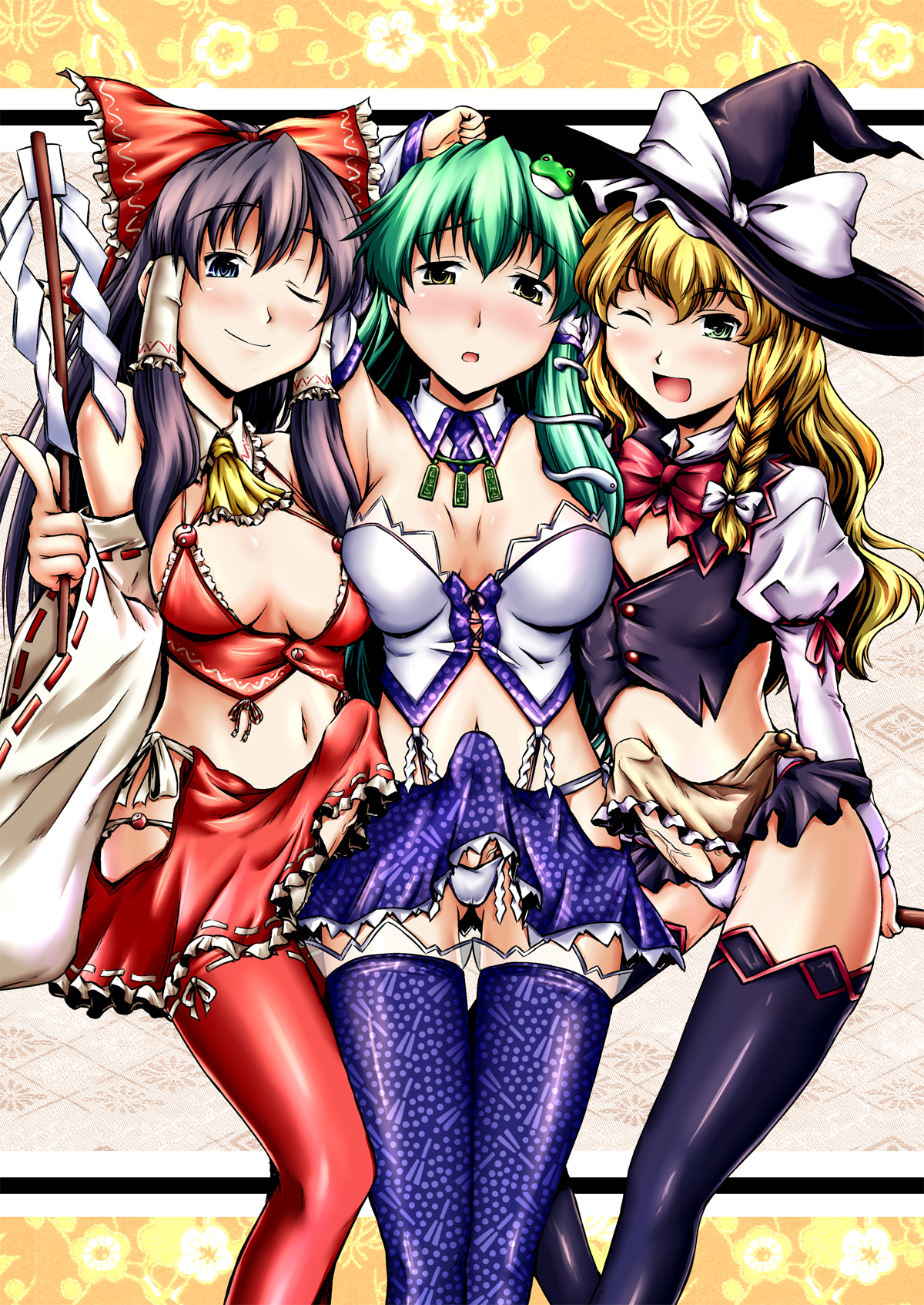 yuzu momo, hakurei reimu, kirisame marisa, kochiya sanae, touhou, highres, 3futa, blonde hair, blue eyes, blush, bow, bowtie, breasts, brown hair, bulge, clothes lift, clothing cutout, erection, erection under clothes, frog, futanari, green eyes, green hair, hair bow, hat, hip vent, medium breasts, multiple futa, navel, one eye closed, panties, penis, skirt, skirt lift, small breasts, snake, thighhighs, underwear, wink, witch hat, yellow eyes